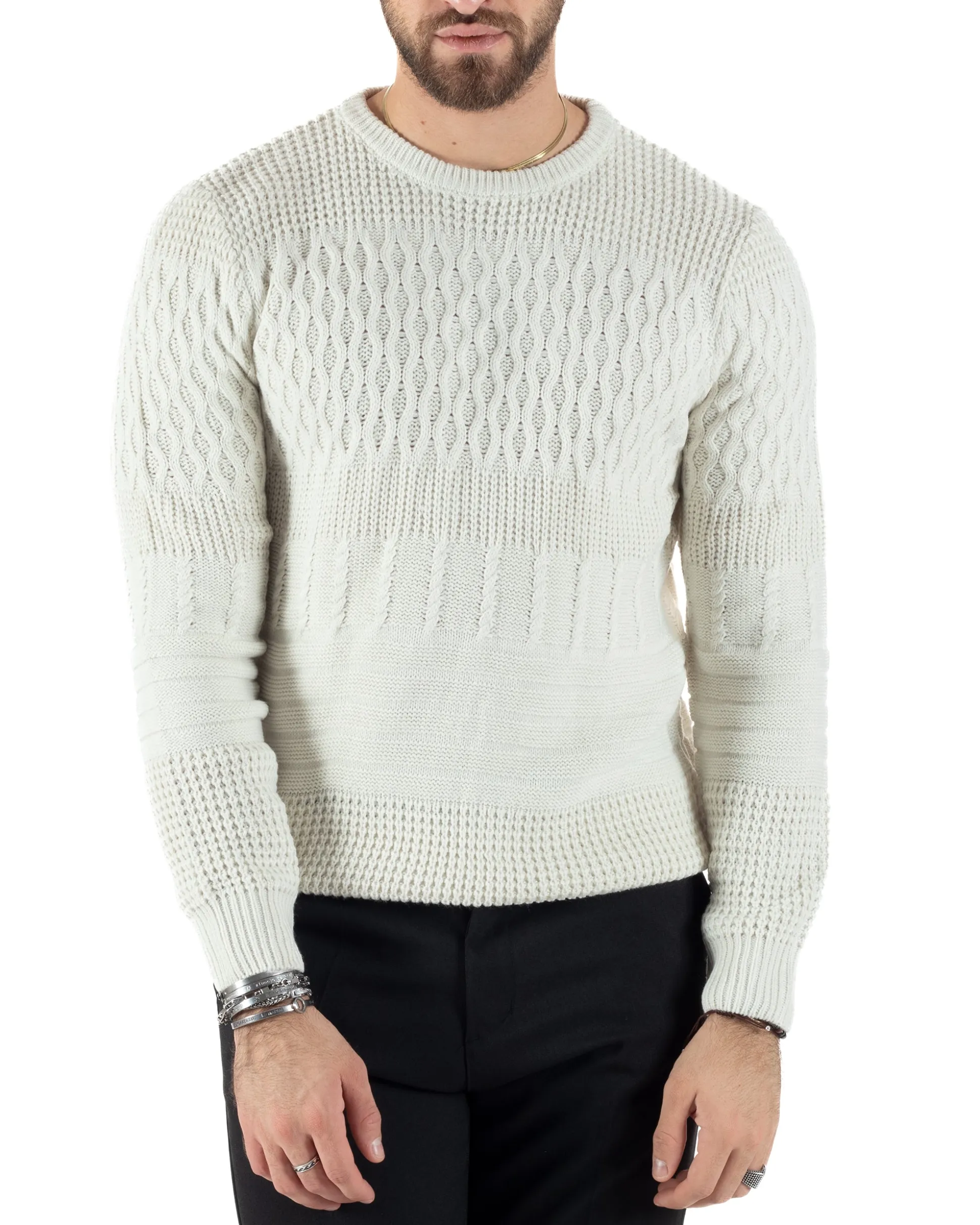 Maglioncino Uomo Girocollo Maglia Inglese Trecce Panna GIOSAL-M2785A