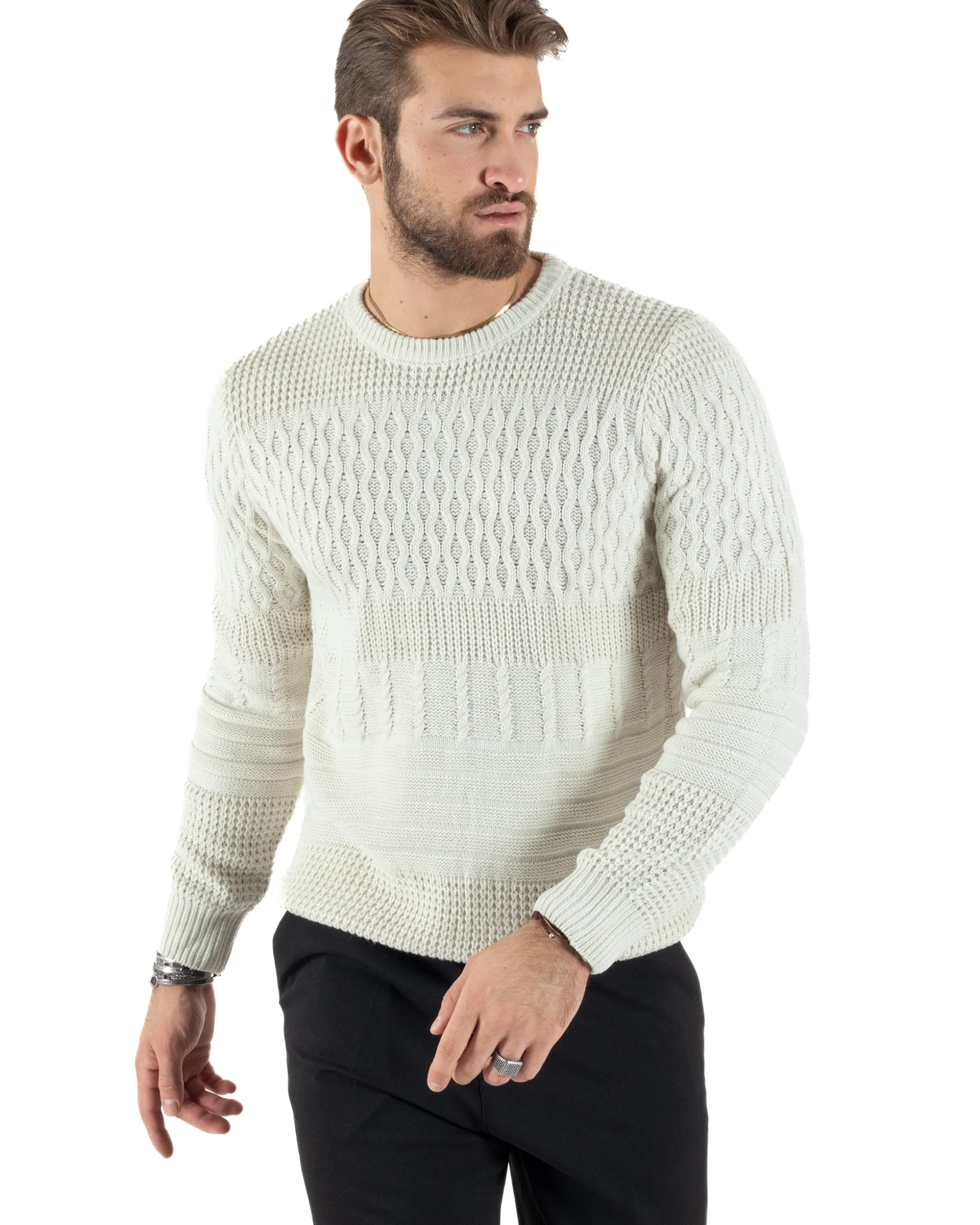Maglioncino Uomo Girocollo Maglia Inglese Trecce Panna GIOSAL-M2785A
