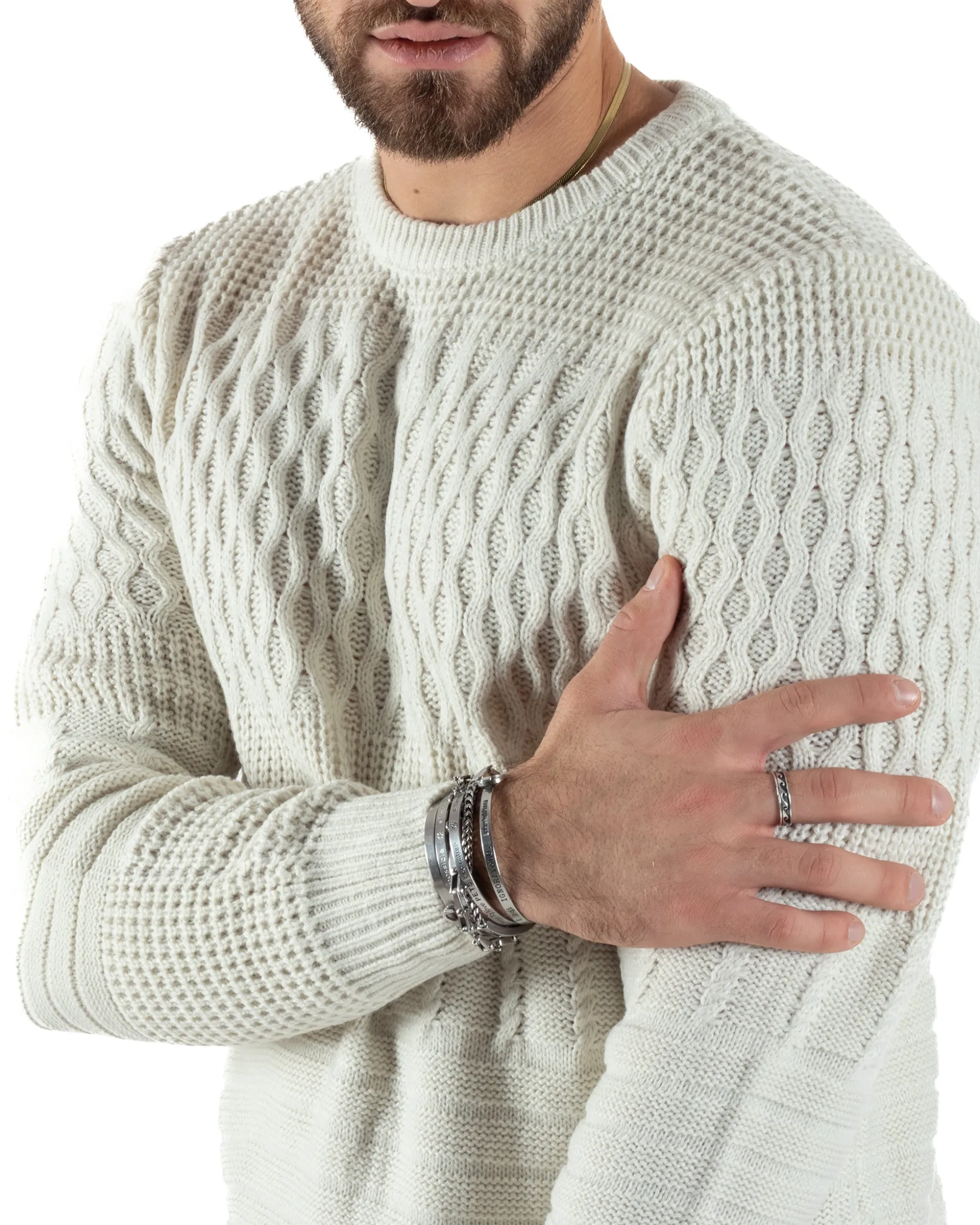 Maglioncino Uomo Girocollo Maglia Inglese Trecce Panna GIOSAL-M2785A