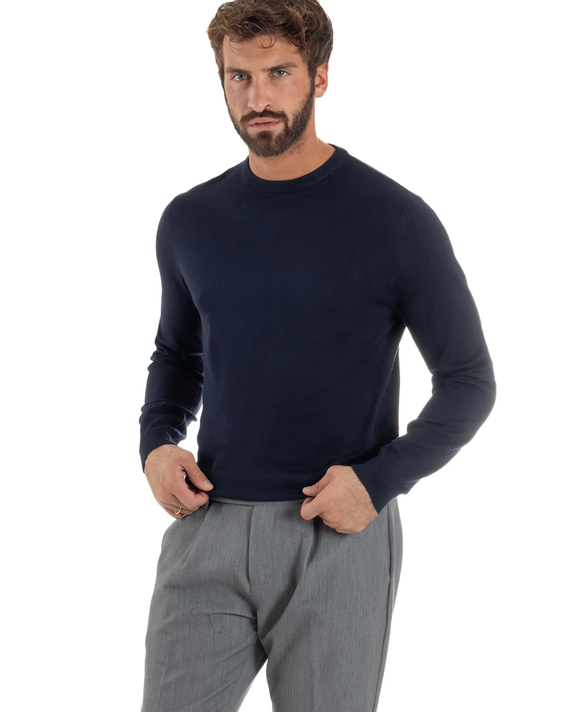 Maglioncino Uomo Girocollo Maglia Rasata Basic Blu M2509A