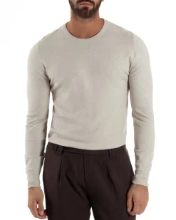 Maglioncino Uomo Girocollo Maglia Rasata Basic Beige Melangiato M2571A