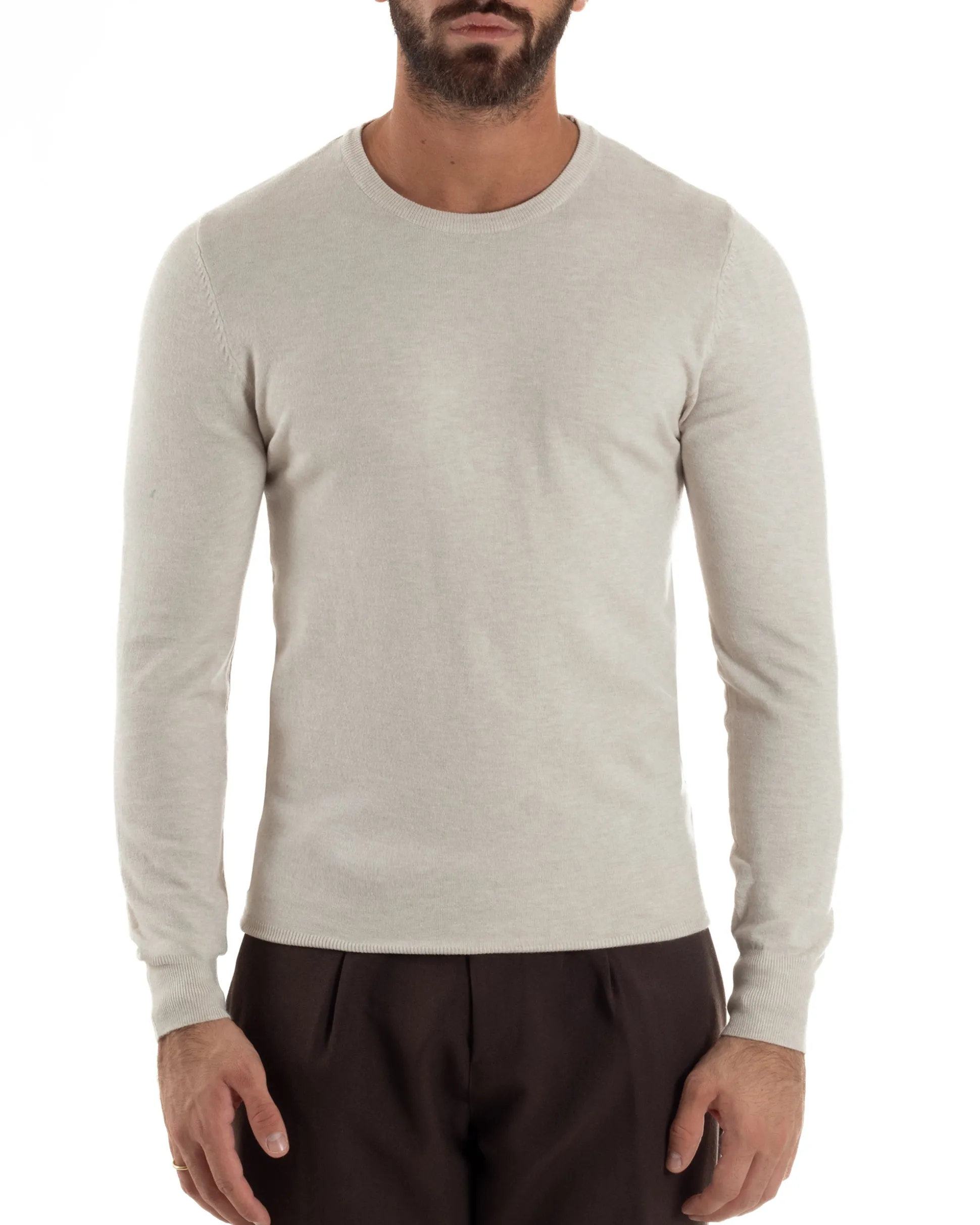 Maglioncino Uomo Girocollo Maglia Rasata Basic Beige Melangiato M2571A