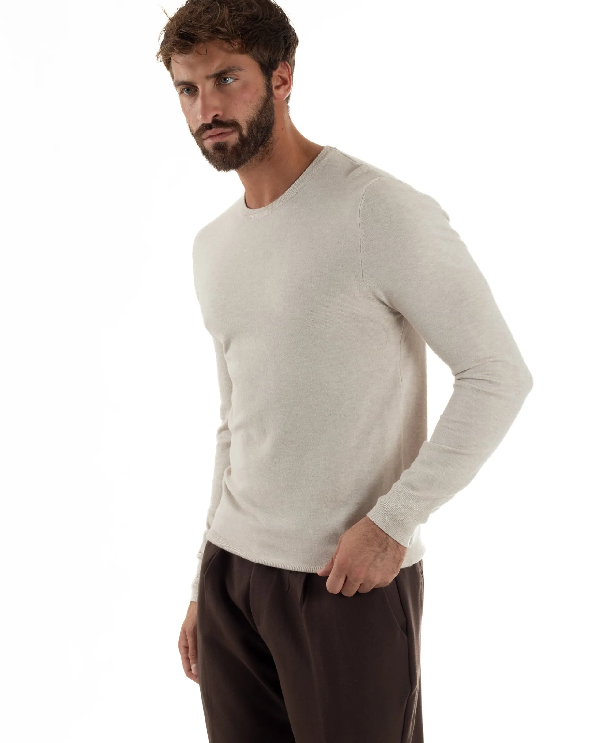 Maglioncino Uomo Girocollo Maglia Rasata Basic Beige Melangiato M2571A