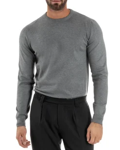 Maglioncino Uomo Girocollo Maglia Rasata Basic Grigio Chiaro M2507A