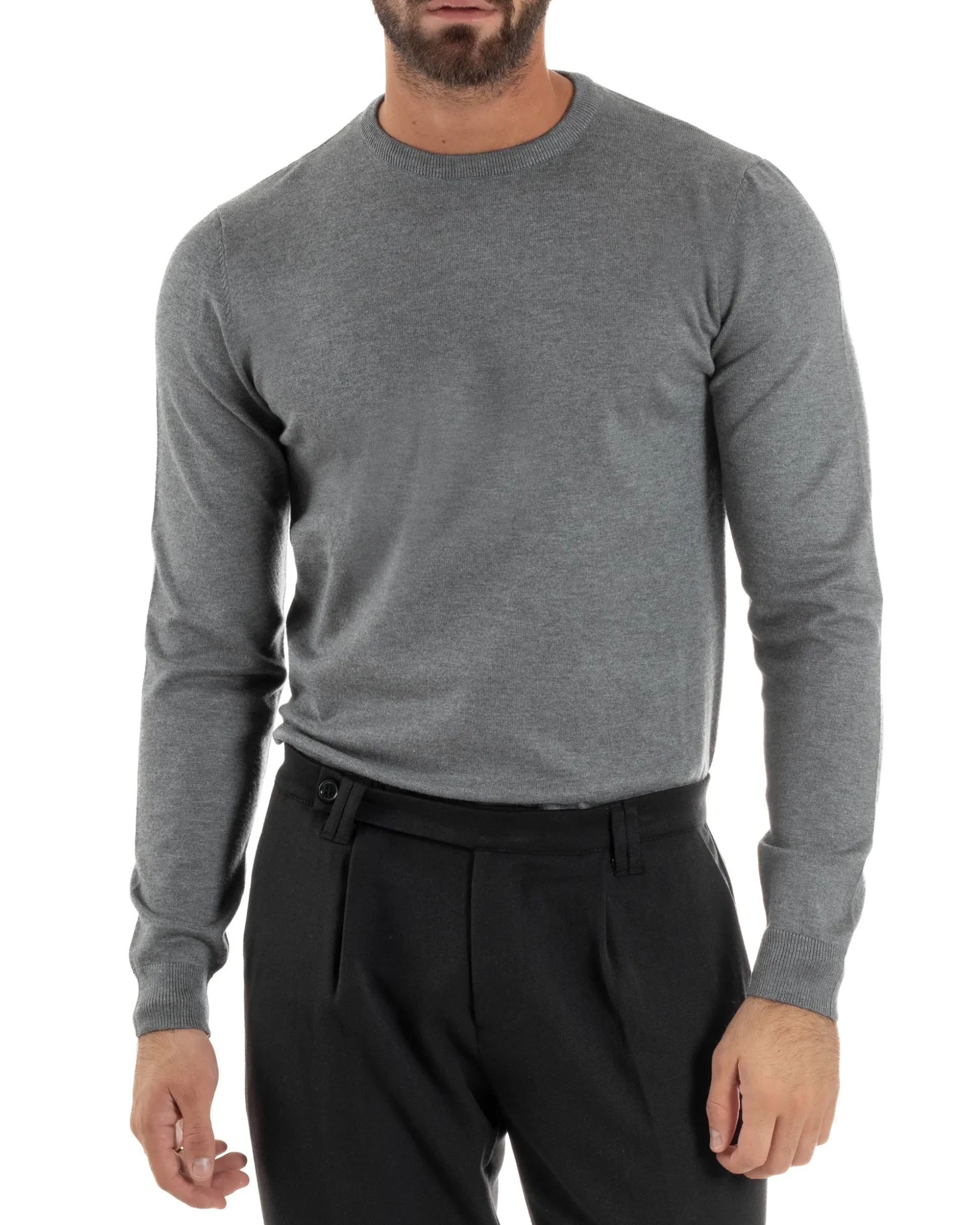 Maglioncino Uomo Girocollo Maglia Rasata Basic Grigio Chiaro M2507A