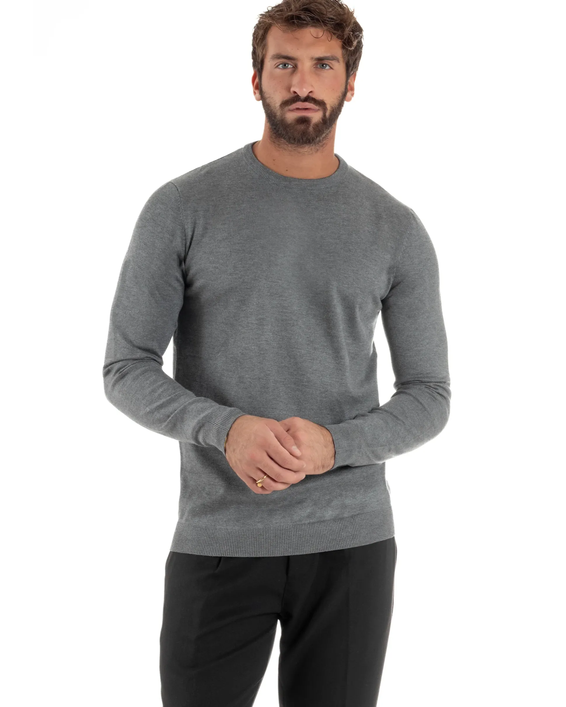 Maglioncino Uomo Girocollo Maglia Rasata Basic Grigio Chiaro M2507A