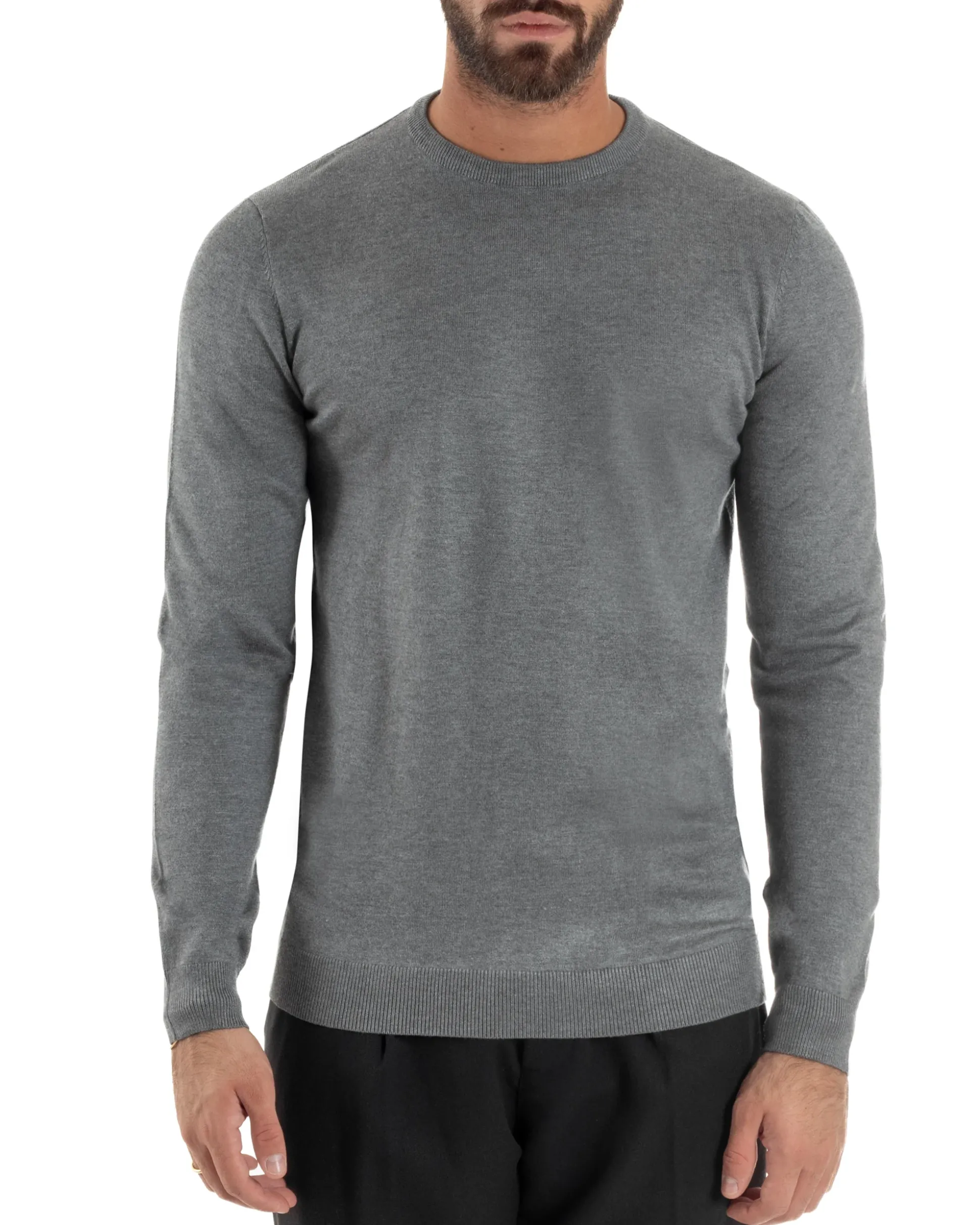 Maglioncino Uomo Girocollo Maglia Rasata Basic Grigio Chiaro M2507A