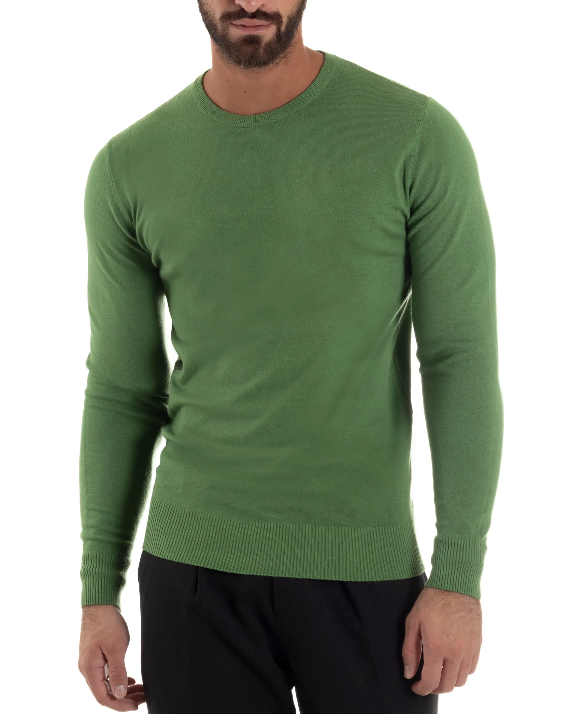 Maglioncino Uomo Girocollo Maglia Rasata Basic Verde Oliva M2495A