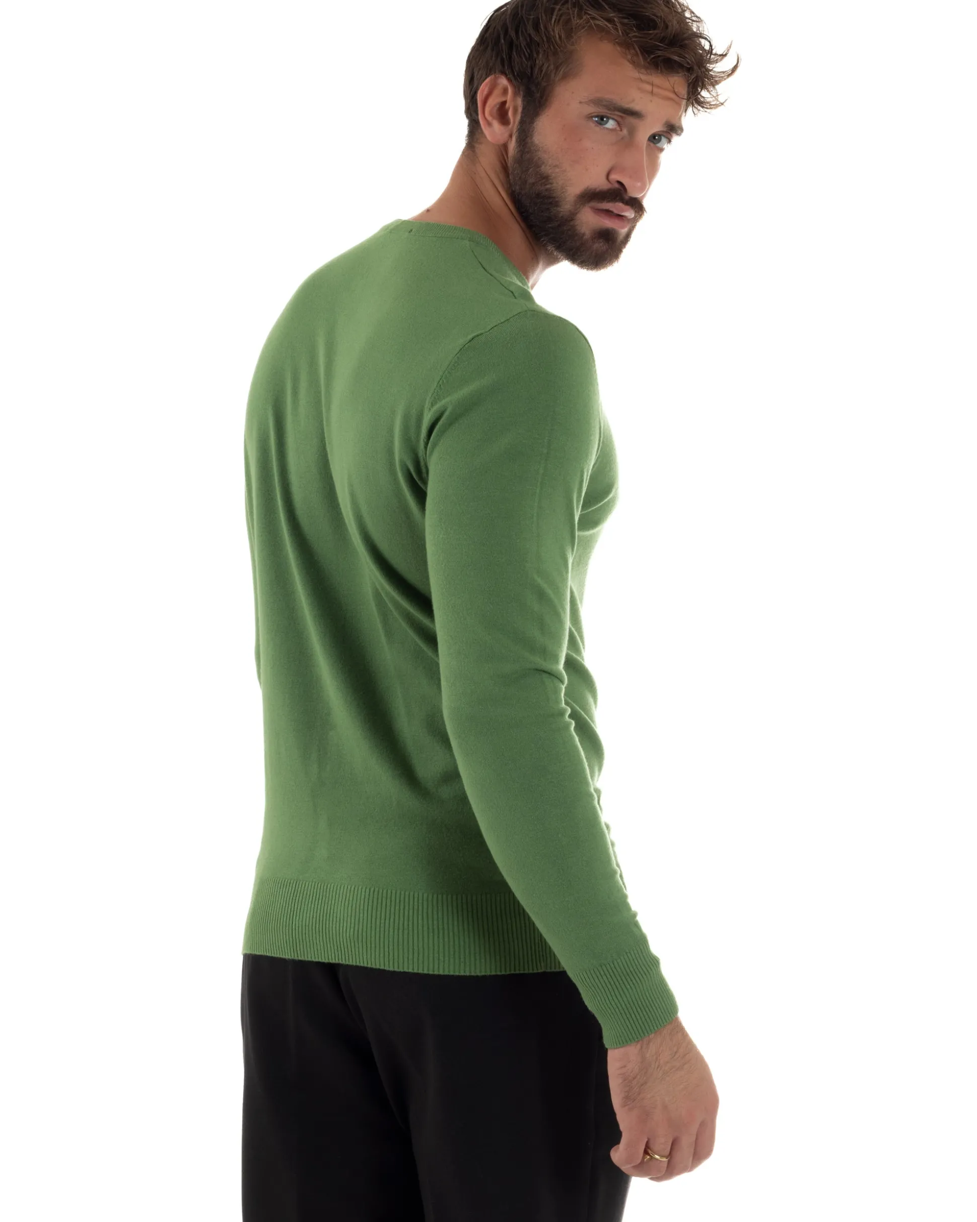 Maglioncino Uomo Girocollo Maglia Rasata Basic Verde Oliva M2495A