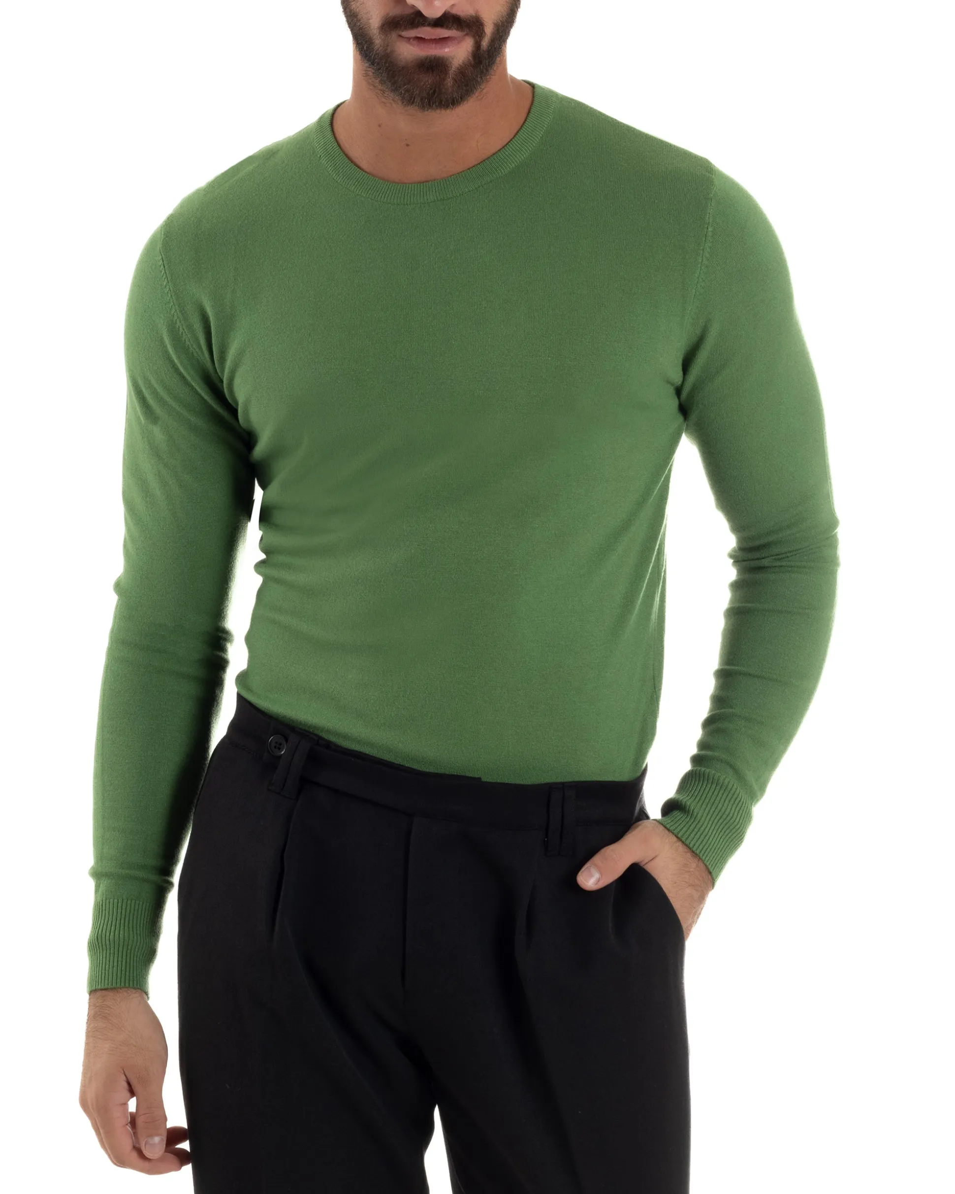 Maglioncino Uomo Girocollo Maglia Rasata Basic Verde Oliva M2495A