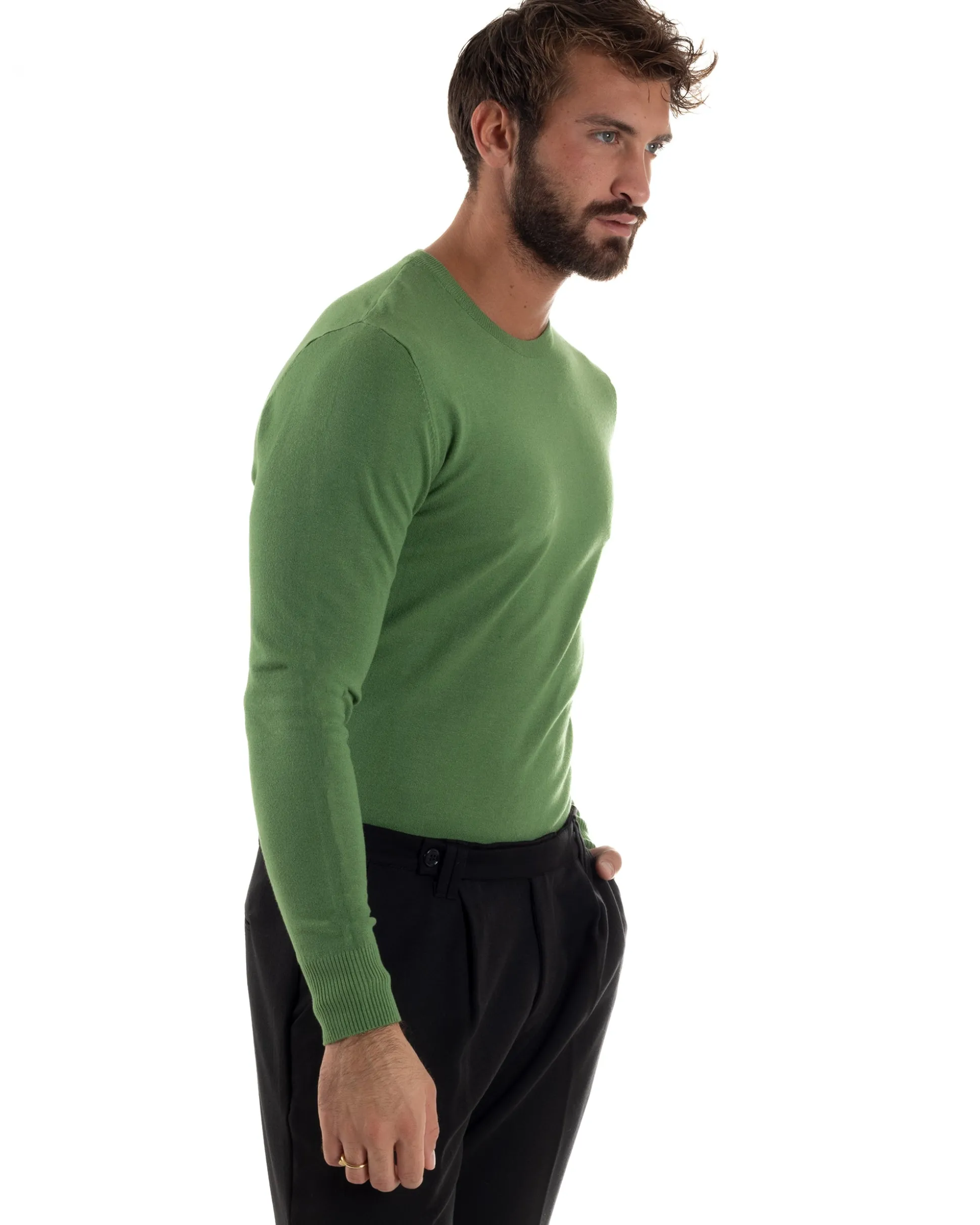 Maglioncino Uomo Girocollo Maglia Rasata Basic Verde Oliva M2495A