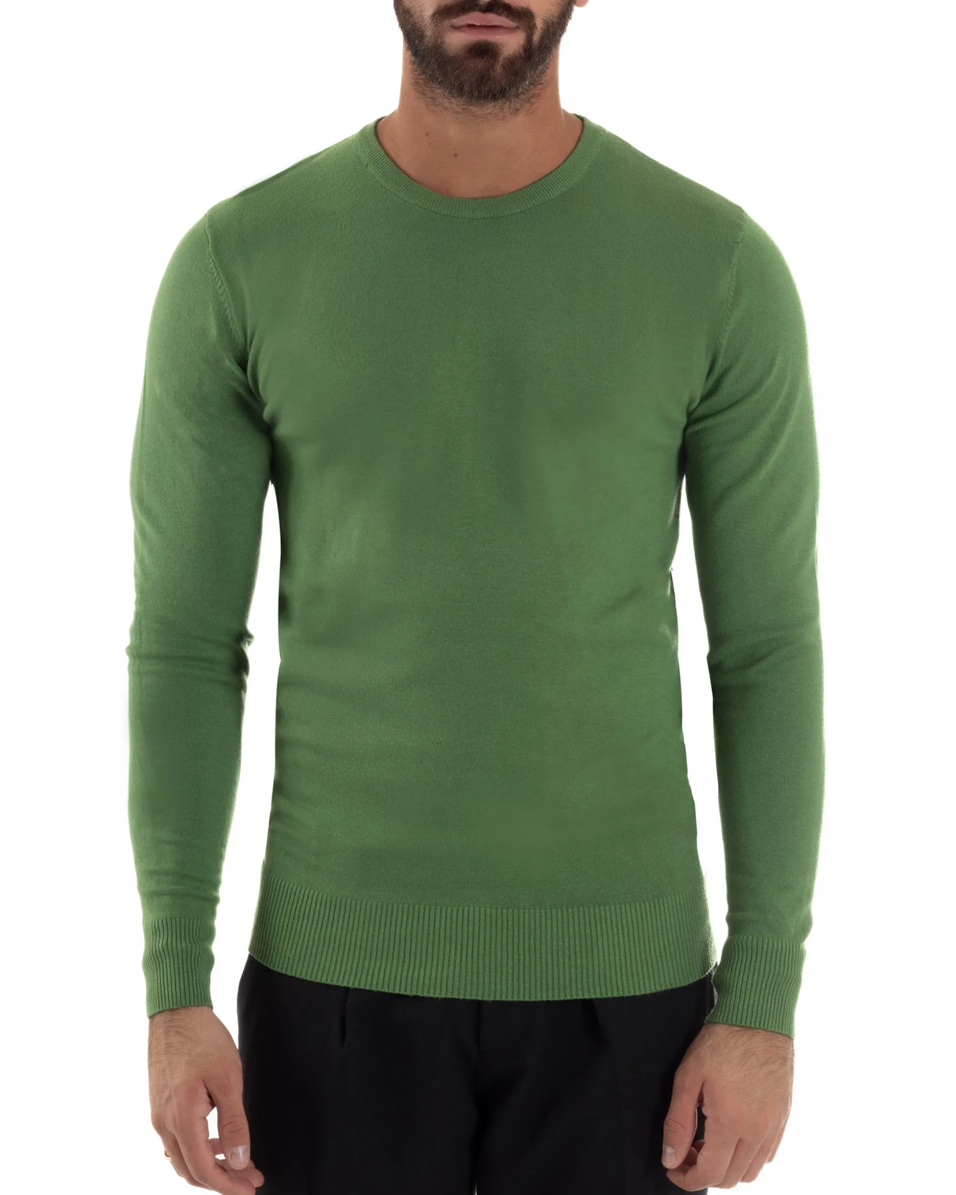 Maglioncino Uomo Girocollo Maglia Rasata Basic Verde Oliva M2495A