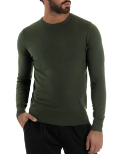 Maglioncino Uomo Girocollo Maglia Rasata Basic Verde Militare M2496A