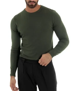 Maglioncino Uomo Girocollo Maglia Rasata Basic Verde Militare M2496A