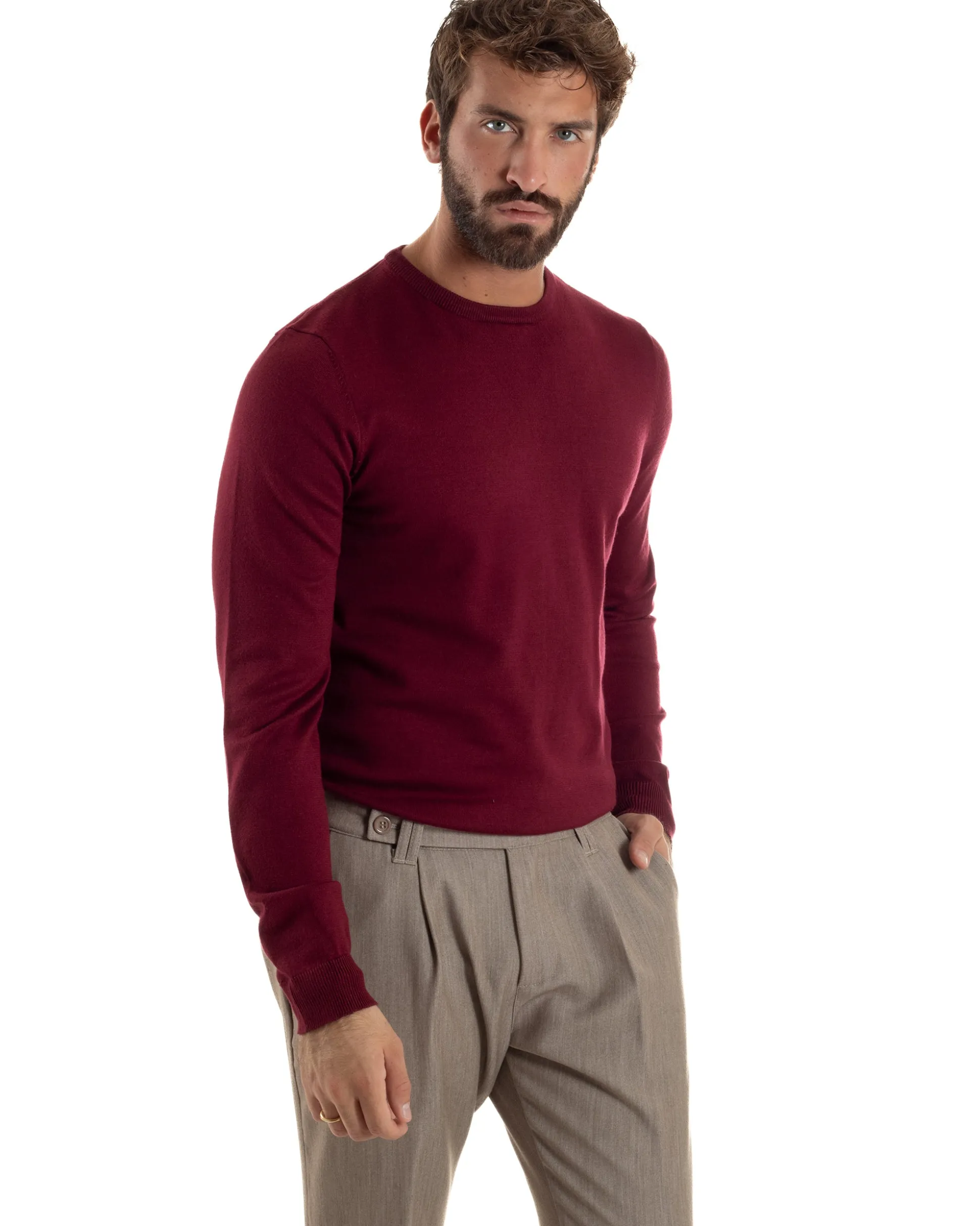 Maglioncino Uomo Girocollo Maglia Rasata Basic Prugna M2504A