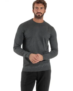 Maglioncino Uomo Girocollo Maglia Rasata Basic Grigio Scuro M2500A