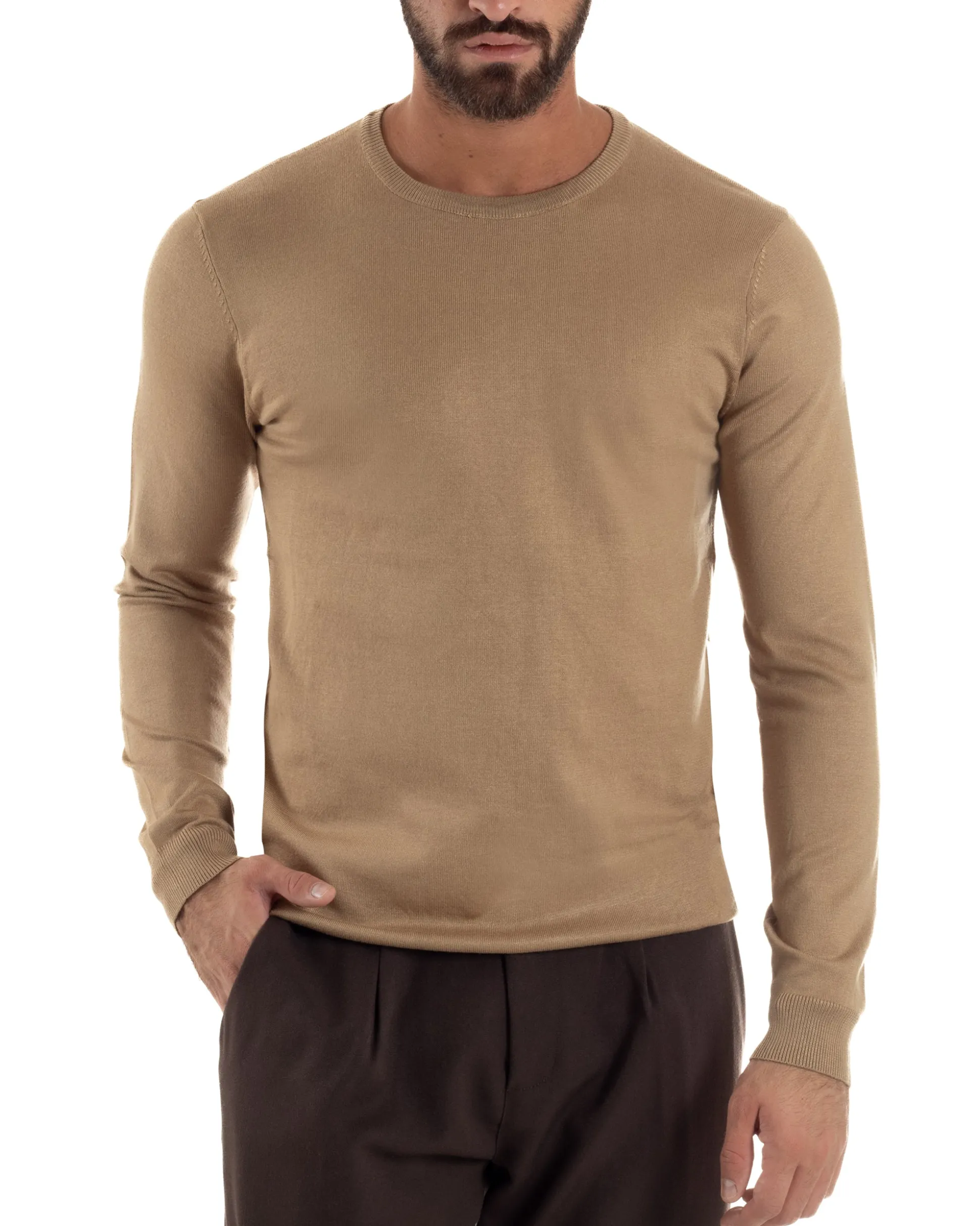 Maglioncino Uomo Girocollo Maglia Rasata Basic Camel M2499A
