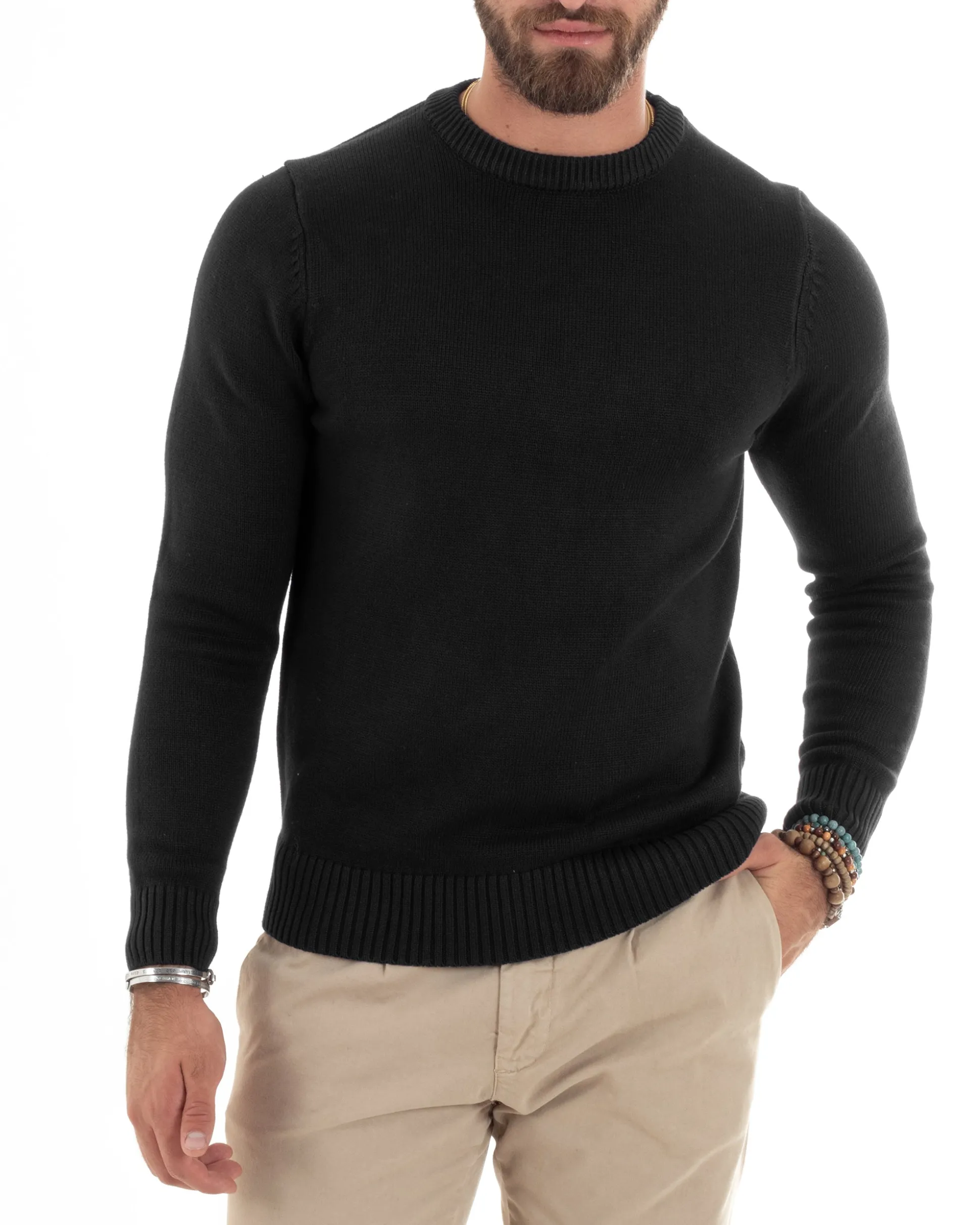 Maglioncino Uomo Girocollo Maglia Inglese Maglione Morbido Basic Tinta Unita Nero GIOSAL-M2939A