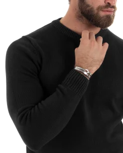Maglioncino Uomo Girocollo Maglia Inglese Maglione Morbido Basic Tinta Unita Nero GIOSAL-M2939A