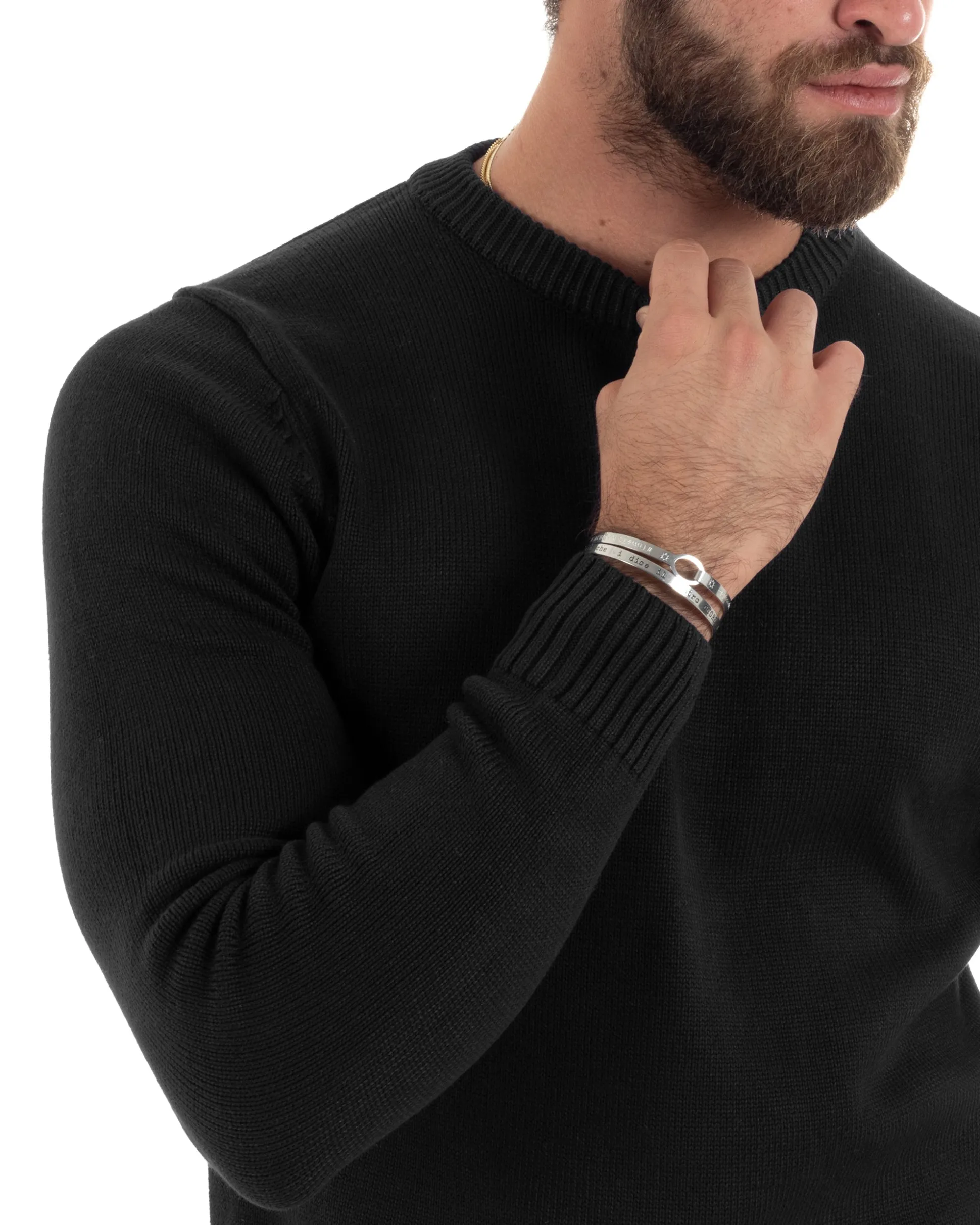 Maglioncino Uomo Girocollo Maglia Inglese Maglione Morbido Basic Tinta Unita Nero GIOSAL-M2939A