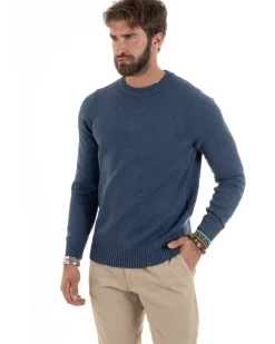 Maglioncino Uomo Girocollo Maglia Inglese Maglione Morbido Basic Tinta Unita Denim GIOSAL-M2934A