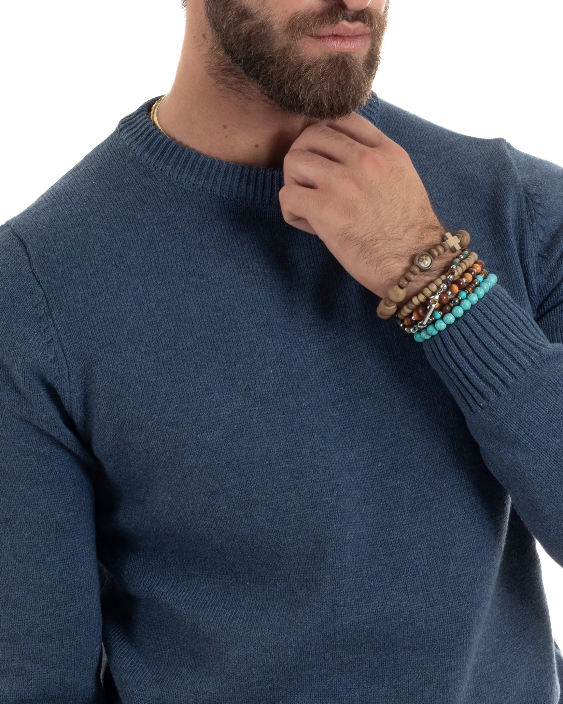 Maglioncino Uomo Girocollo Maglia Inglese Maglione Morbido Basic Tinta Unita Denim GIOSAL-M2934A
