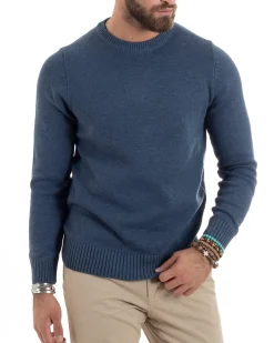 Maglioncino Uomo Girocollo Maglia Inglese Maglione Morbido Basic Tinta Unita Denim GIOSAL-M2934A