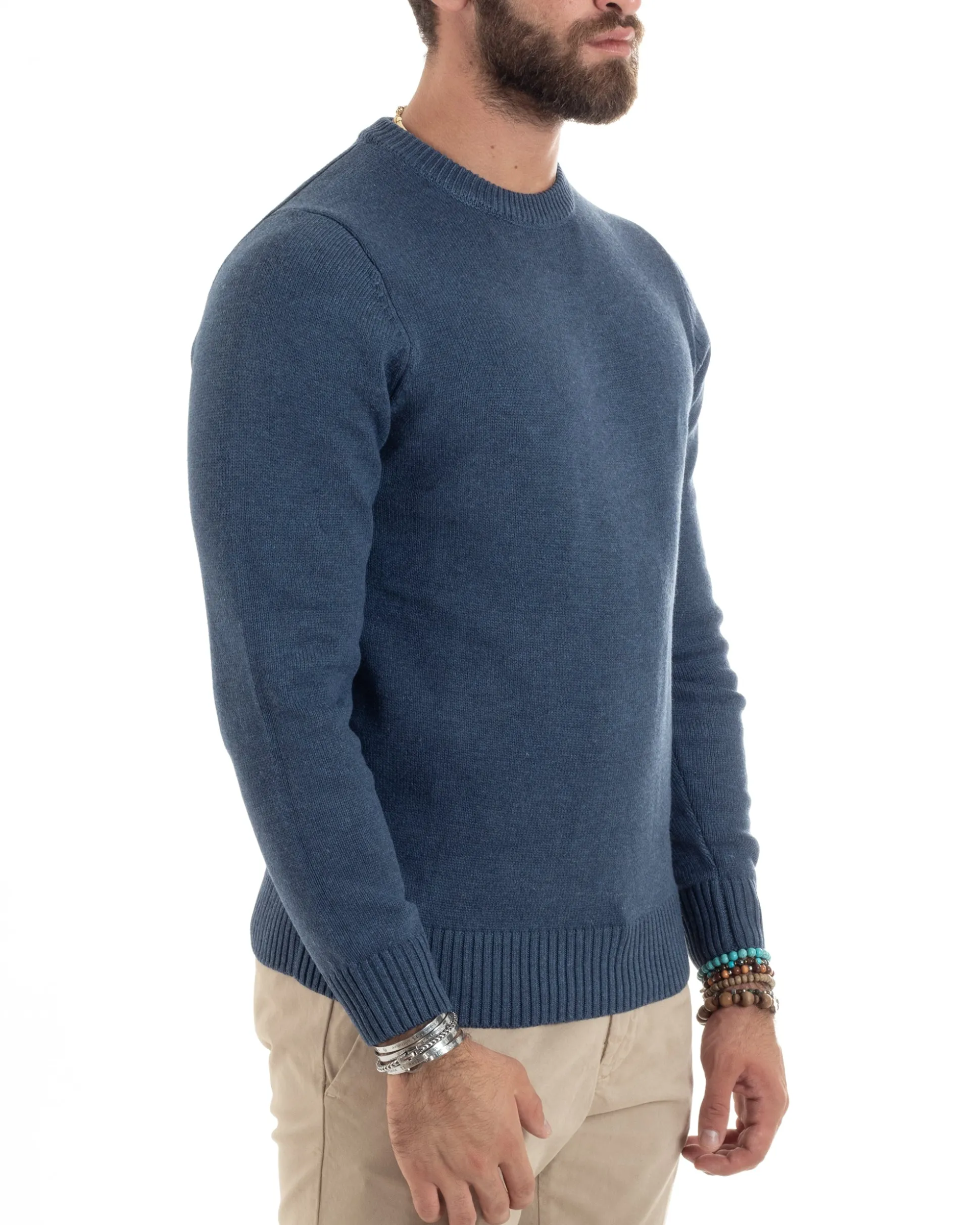 Maglioncino Uomo Girocollo Maglia Inglese Maglione Morbido Basic Tinta Unita Denim GIOSAL-M2934A