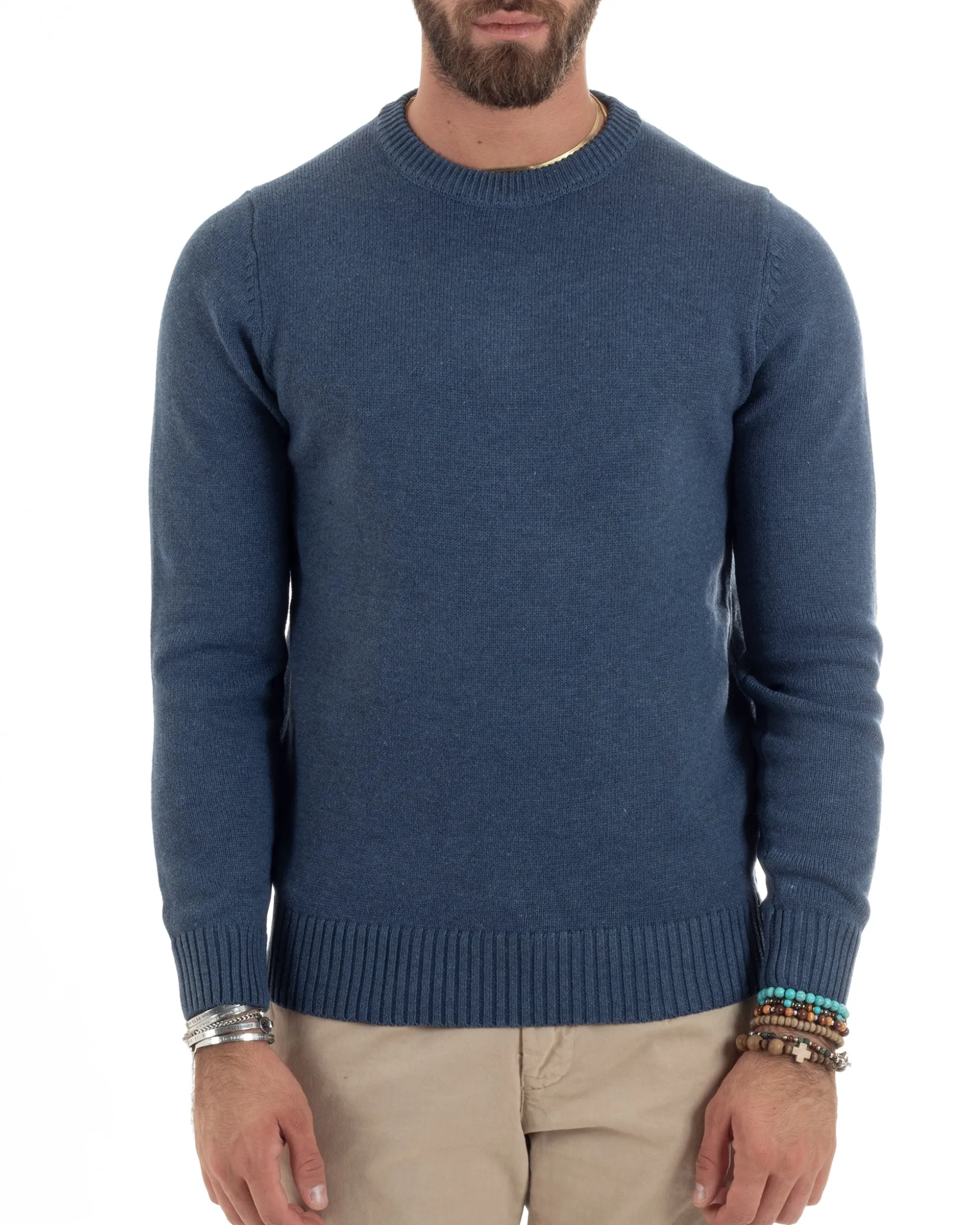 Maglioncino Uomo Girocollo Maglia Inglese Maglione Morbido Basic Tinta Unita Denim GIOSAL-M2934A