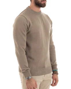 Maglioncino Uomo Girocollo Maglia Inglese Maglione Morbido Basic Tinta Unita Beige GIOSAL-M2937A