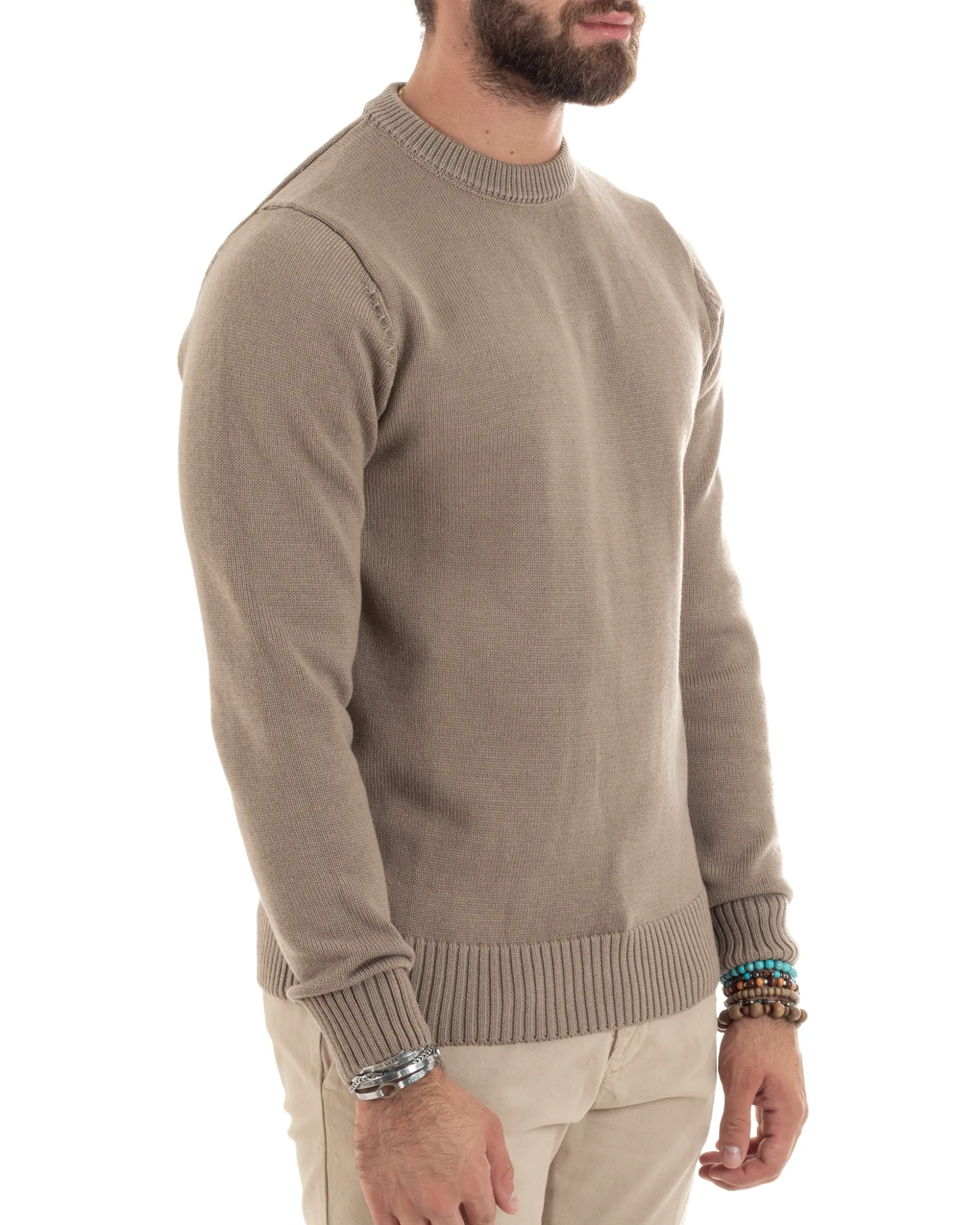 Maglioncino Uomo Girocollo Maglia Inglese Maglione Morbido Basic Tinta Unita Beige GIOSAL-M2937A