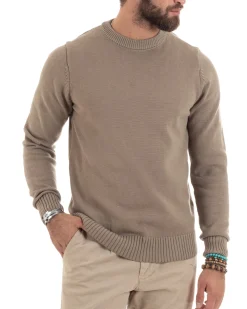 Maglioncino Uomo Girocollo Maglia Inglese Maglione Morbido Basic Tinta Unita Beige GIOSAL-M2937A
