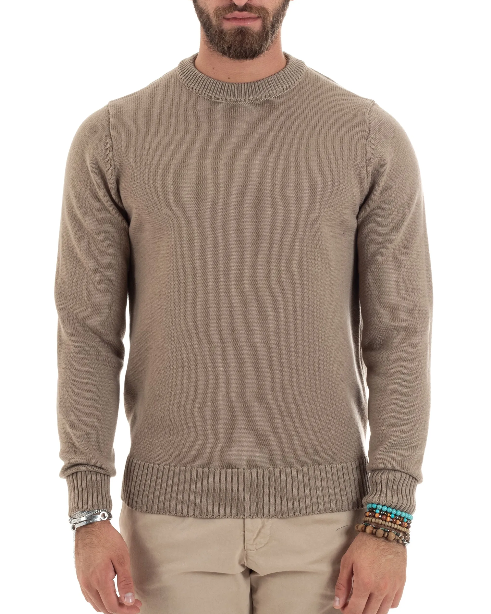 Maglioncino Uomo Girocollo Maglia Inglese Maglione Morbido Basic Tinta Unita Beige GIOSAL-M2937A