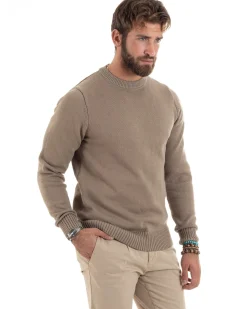 Maglioncino Uomo Girocollo Maglia Inglese Maglione Morbido Basic Tinta Unita Beige GIOSAL-M2937A