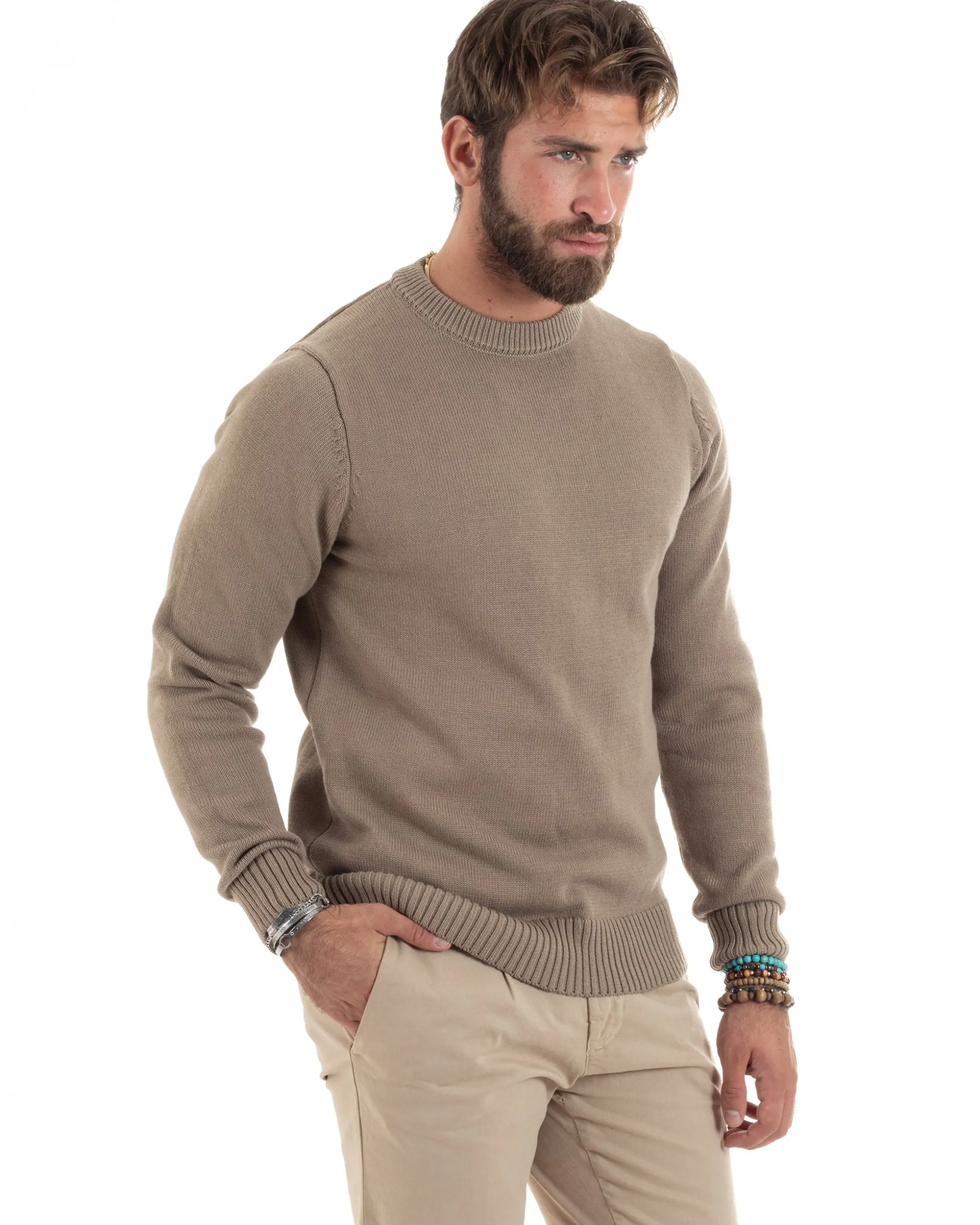 Maglioncino Uomo Girocollo Maglia Inglese Maglione Morbido Basic Tinta Unita Beige GIOSAL-M2937A