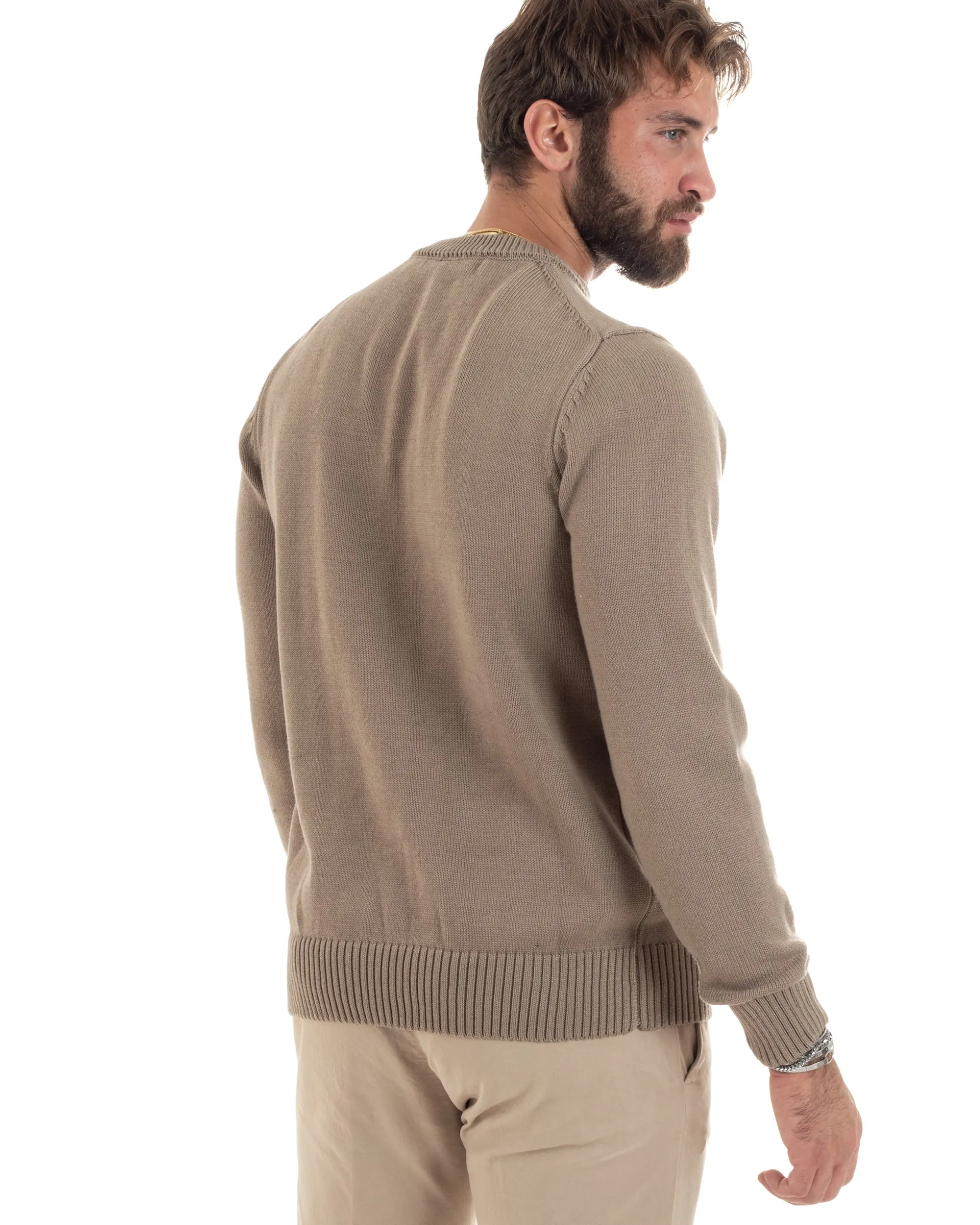 Maglioncino Uomo Girocollo Maglia Inglese Maglione Morbido Basic Tinta Unita Beige GIOSAL-M2937A