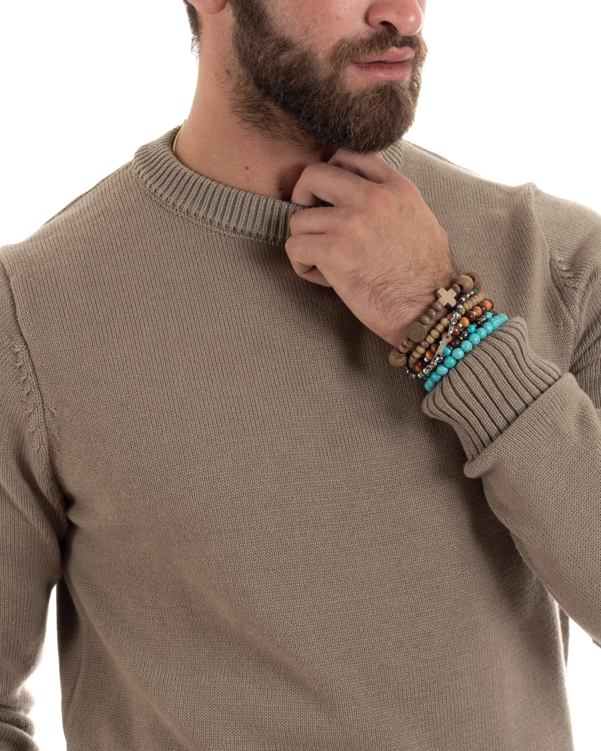 Maglioncino Uomo Girocollo Maglia Inglese Maglione Morbido Basic Tinta Unita Beige GIOSAL-M2937A