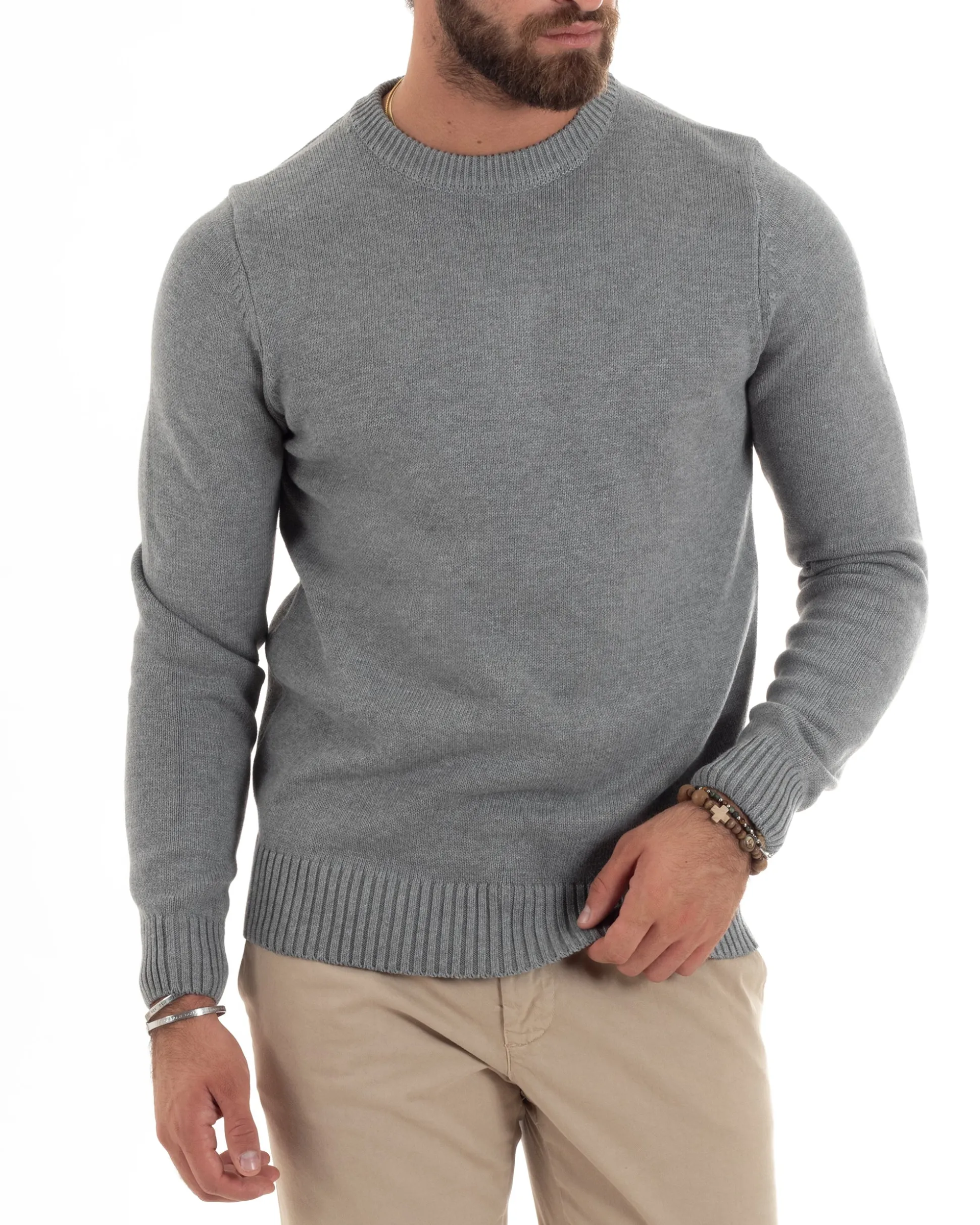Maglioncino Uomo Girocollo Maglia Inglese Maglione Morbido Basic Tinta Unita Grigio GIOSAL-M2935A