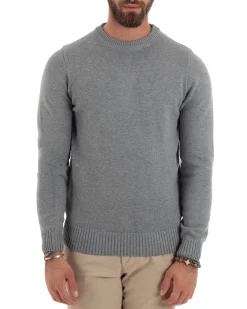 Maglioncino Uomo Girocollo Maglia Inglese Maglione Morbido Basic Tinta Unita Grigio GIOSAL-M2935A