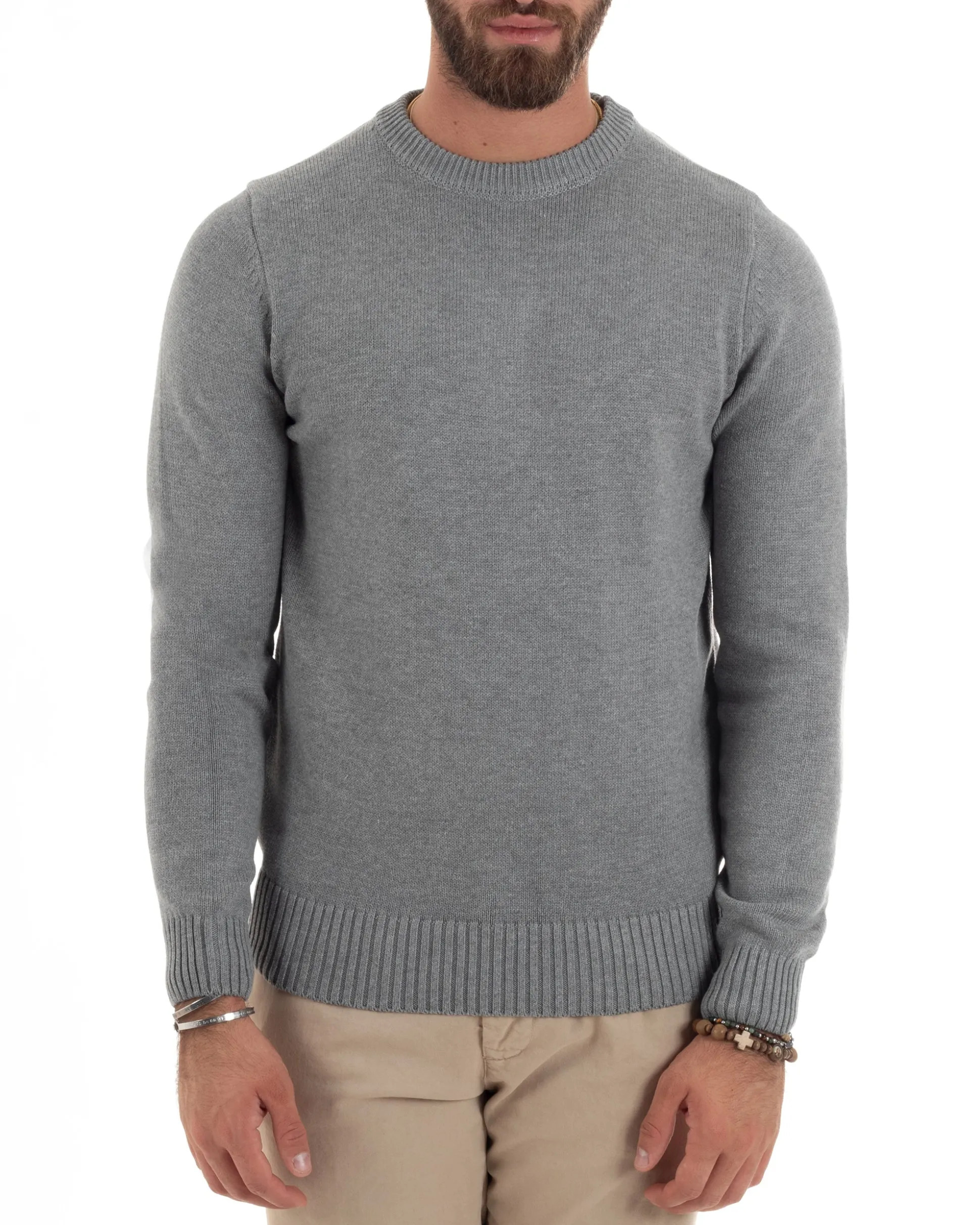 Maglioncino Uomo Girocollo Maglia Inglese Maglione Morbido Basic Tinta Unita Grigio GIOSAL-M2935A