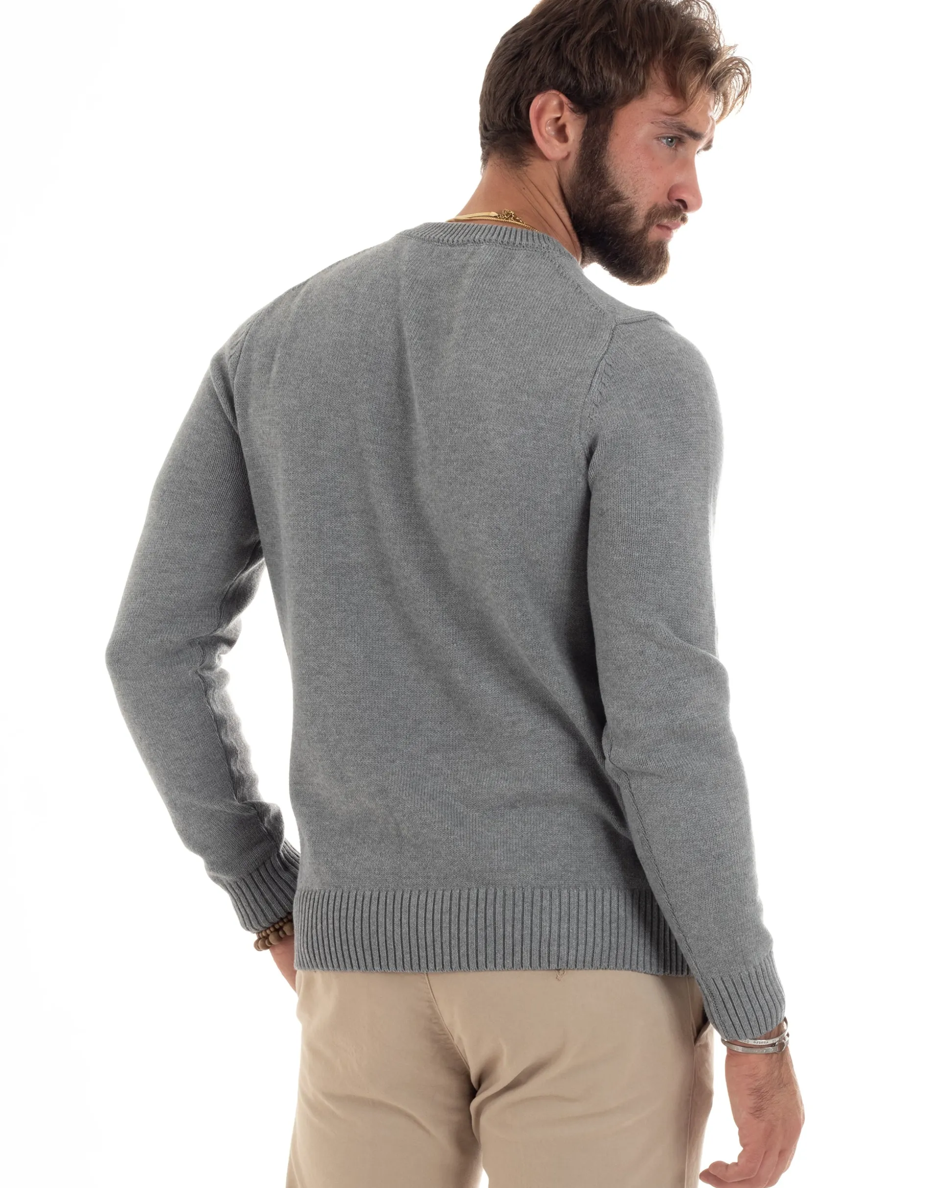 Maglioncino Uomo Girocollo Maglia Inglese Maglione Morbido Basic Tinta Unita Grigio GIOSAL-M2935A