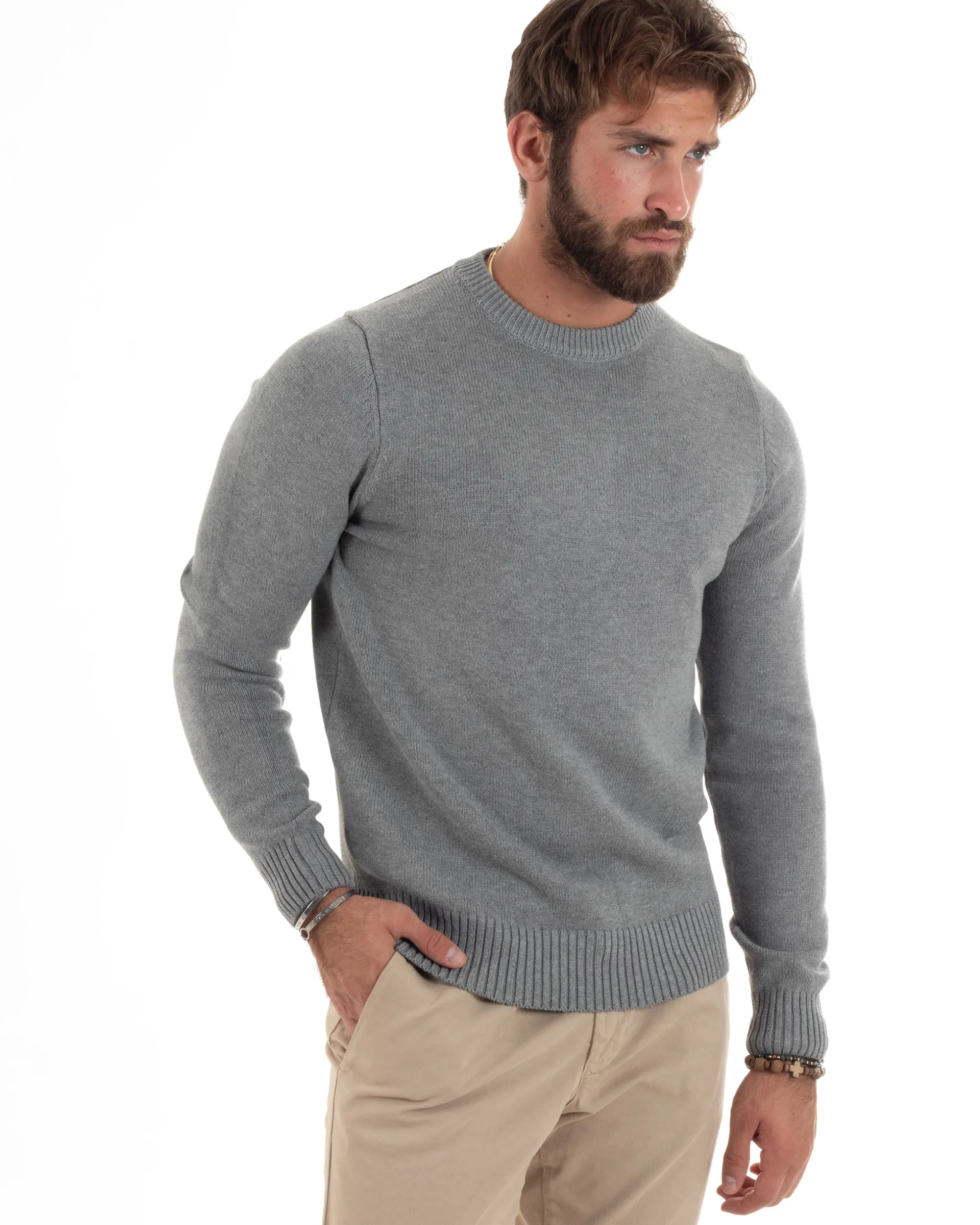 Maglioncino Uomo Girocollo Maglia Inglese Maglione Morbido Basic Tinta Unita Grigio GIOSAL-M2935A