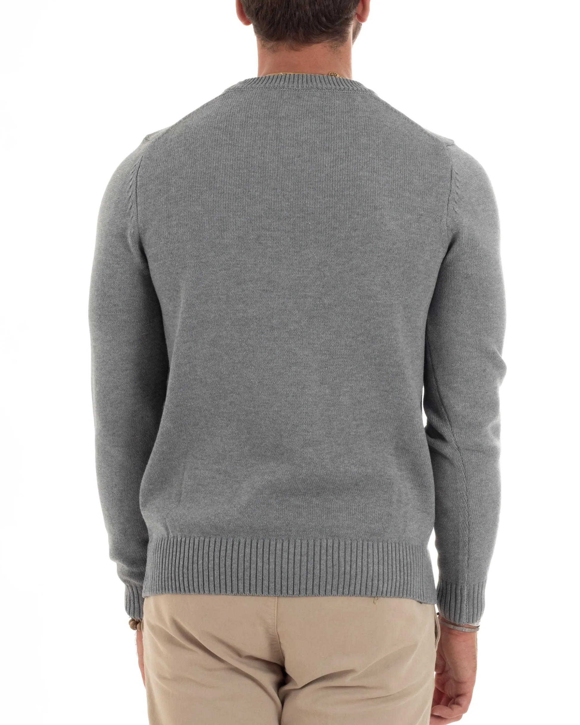 Maglioncino Uomo Girocollo Maglia Inglese Maglione Morbido Basic Tinta Unita Grigio GIOSAL-M2935A