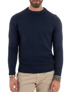 Maglioncino Uomo Girocollo Maglia Inglese Maglione Morbido Basic Tinta Unita Blu GIOSAL-M2938A