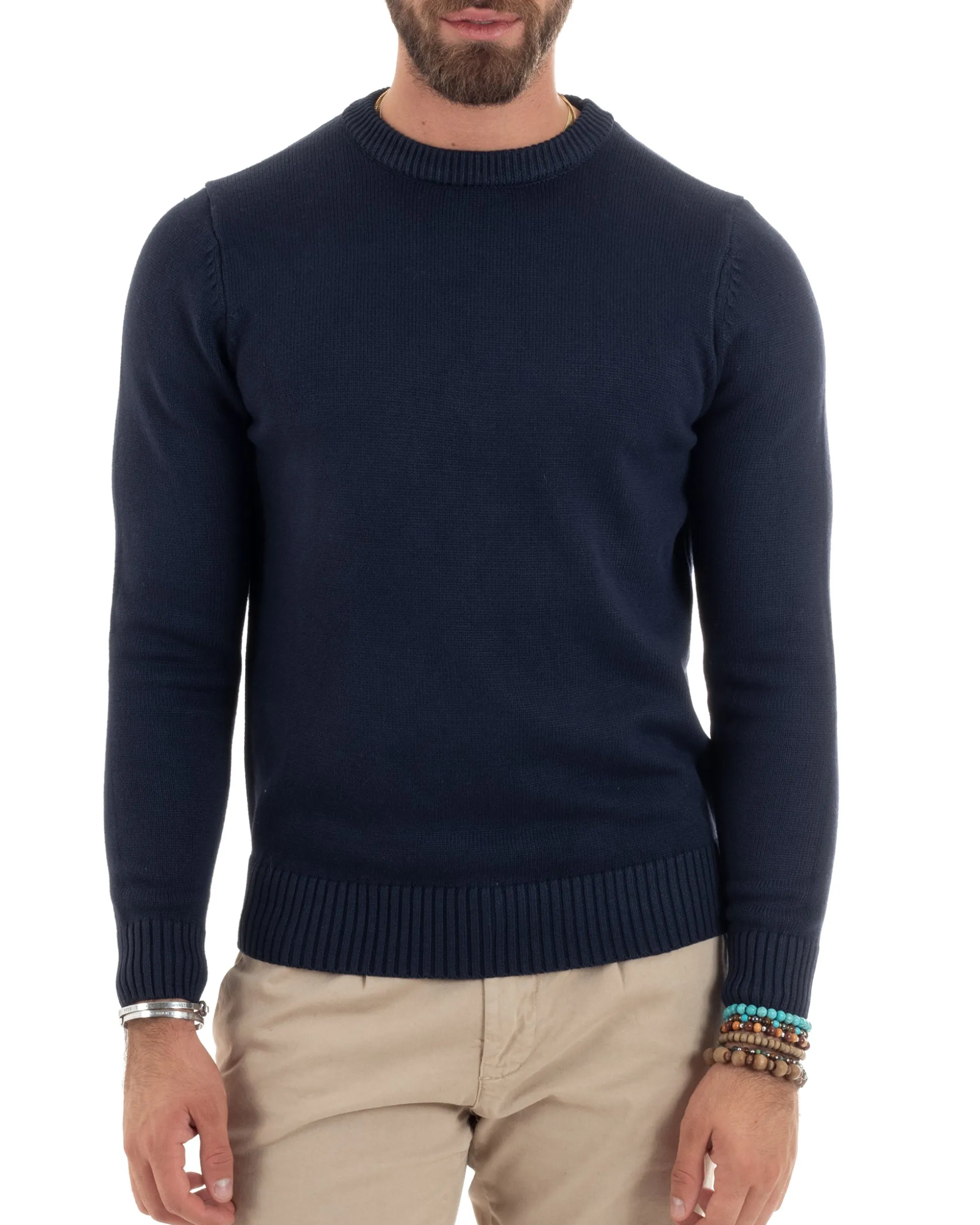 Maglioncino Uomo Girocollo Maglia Inglese Maglione Morbido Basic Tinta Unita Blu GIOSAL-M2938A