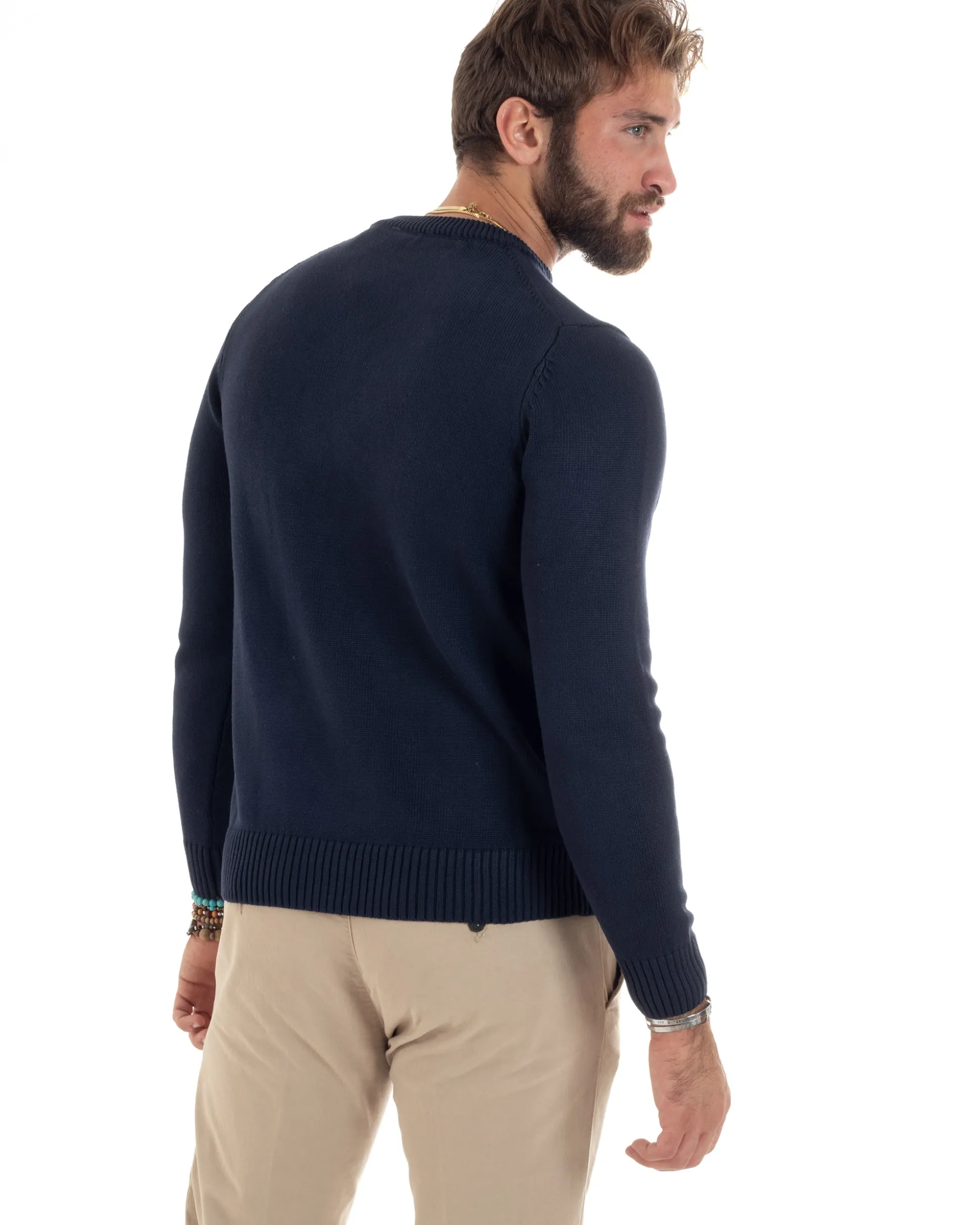Maglioncino Uomo Girocollo Maglia Inglese Maglione Morbido Basic Tinta Unita Blu GIOSAL-M2938A