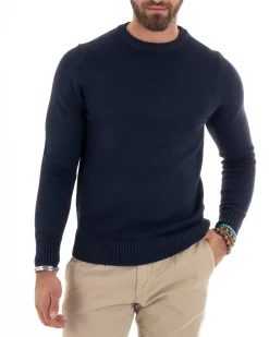 Maglioncino Uomo Girocollo Maglia Inglese Maglione Morbido Basic Tinta Unita Blu GIOSAL-M2938A