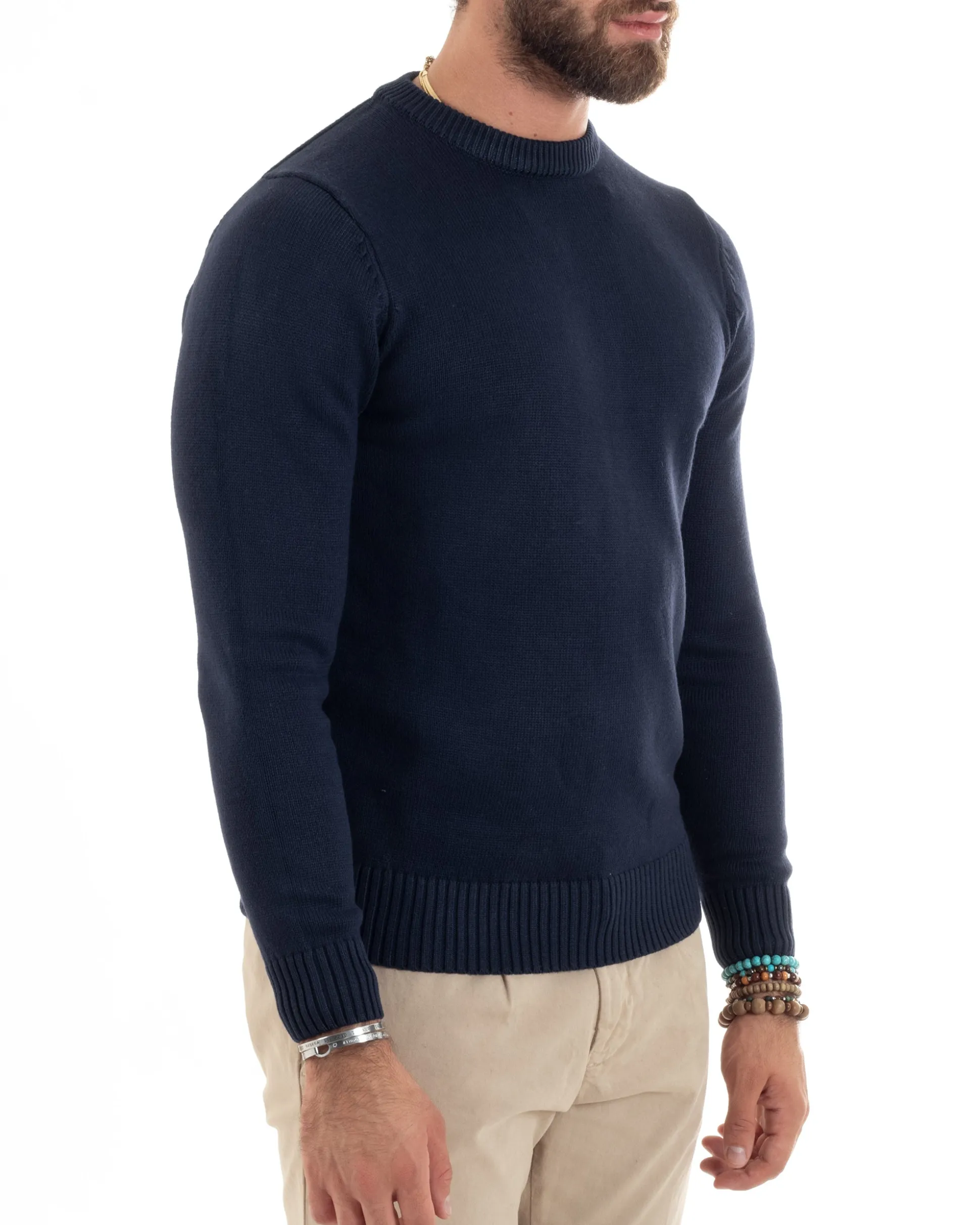 Maglioncino Uomo Girocollo Maglia Inglese Maglione Morbido Basic Tinta Unita Blu GIOSAL-M2938A