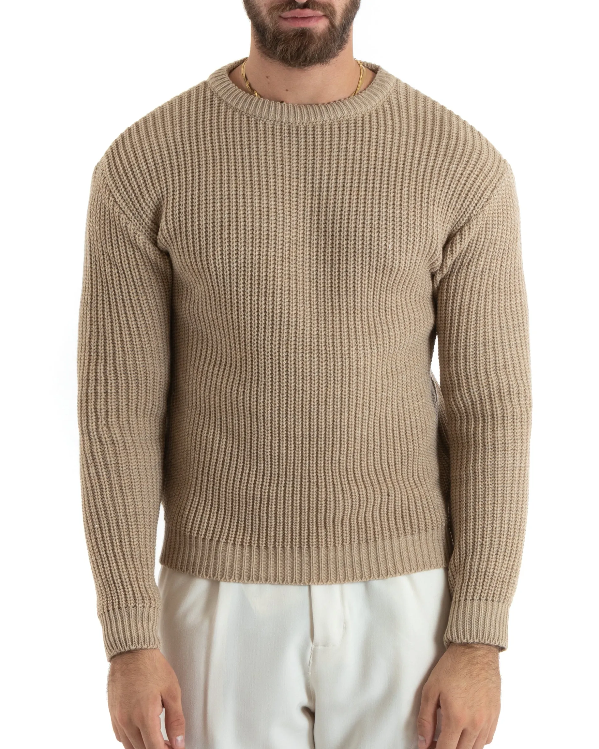 Maglioncino Uomo Girocollo Maglia Inglese Basic Beige M2745A