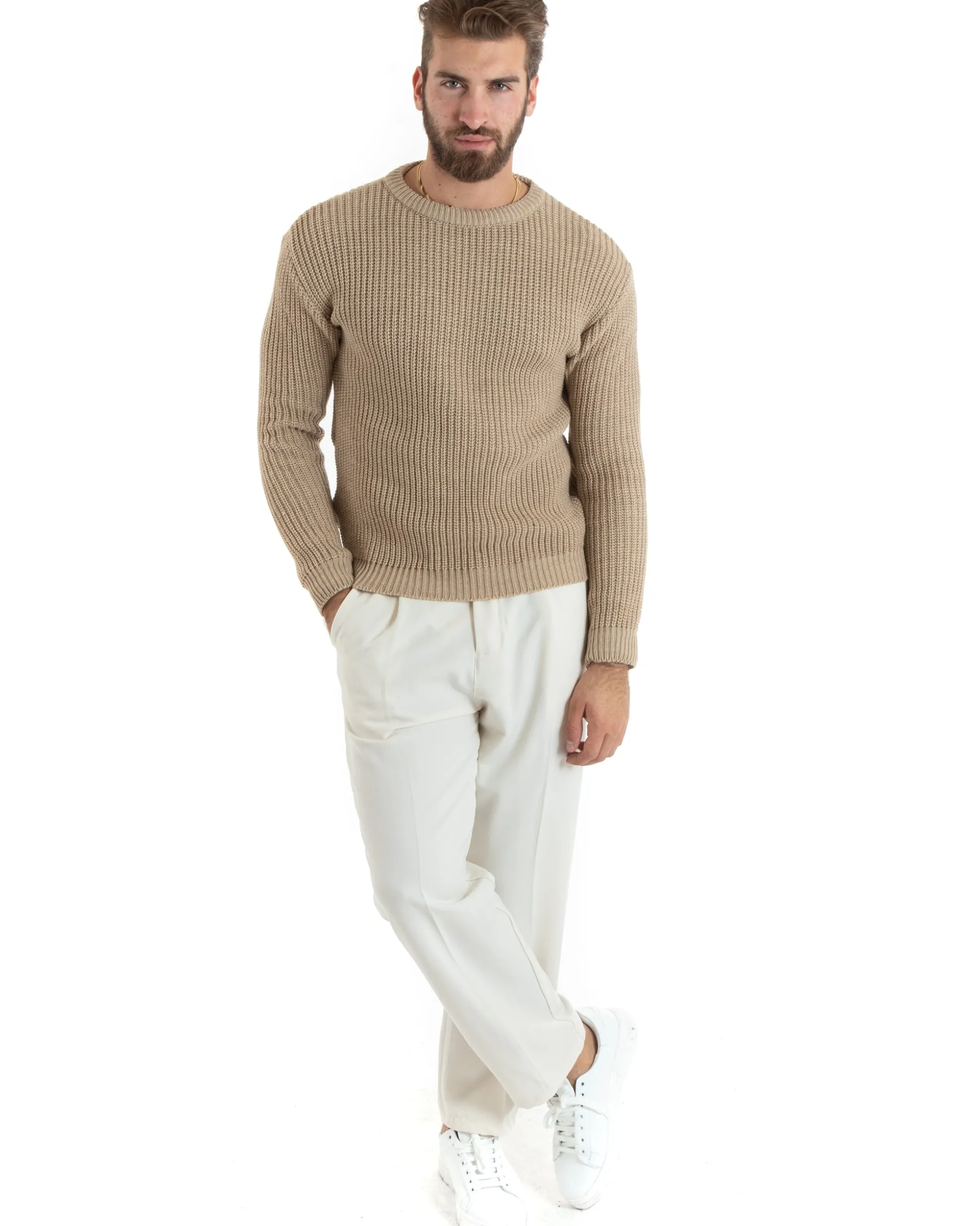 Maglioncino Uomo Girocollo Maglia Inglese Basic Beige M2745A